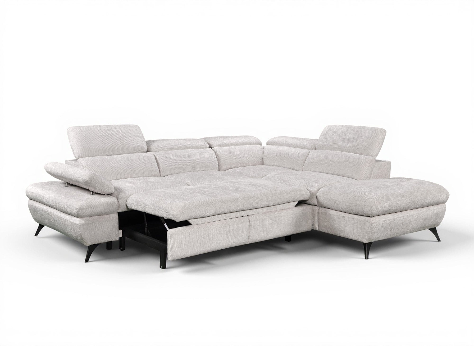 LUFY umwandelbares Ecksofa mit Stauraum aus ecruweiß meliertem Samt - Rechtwinklig