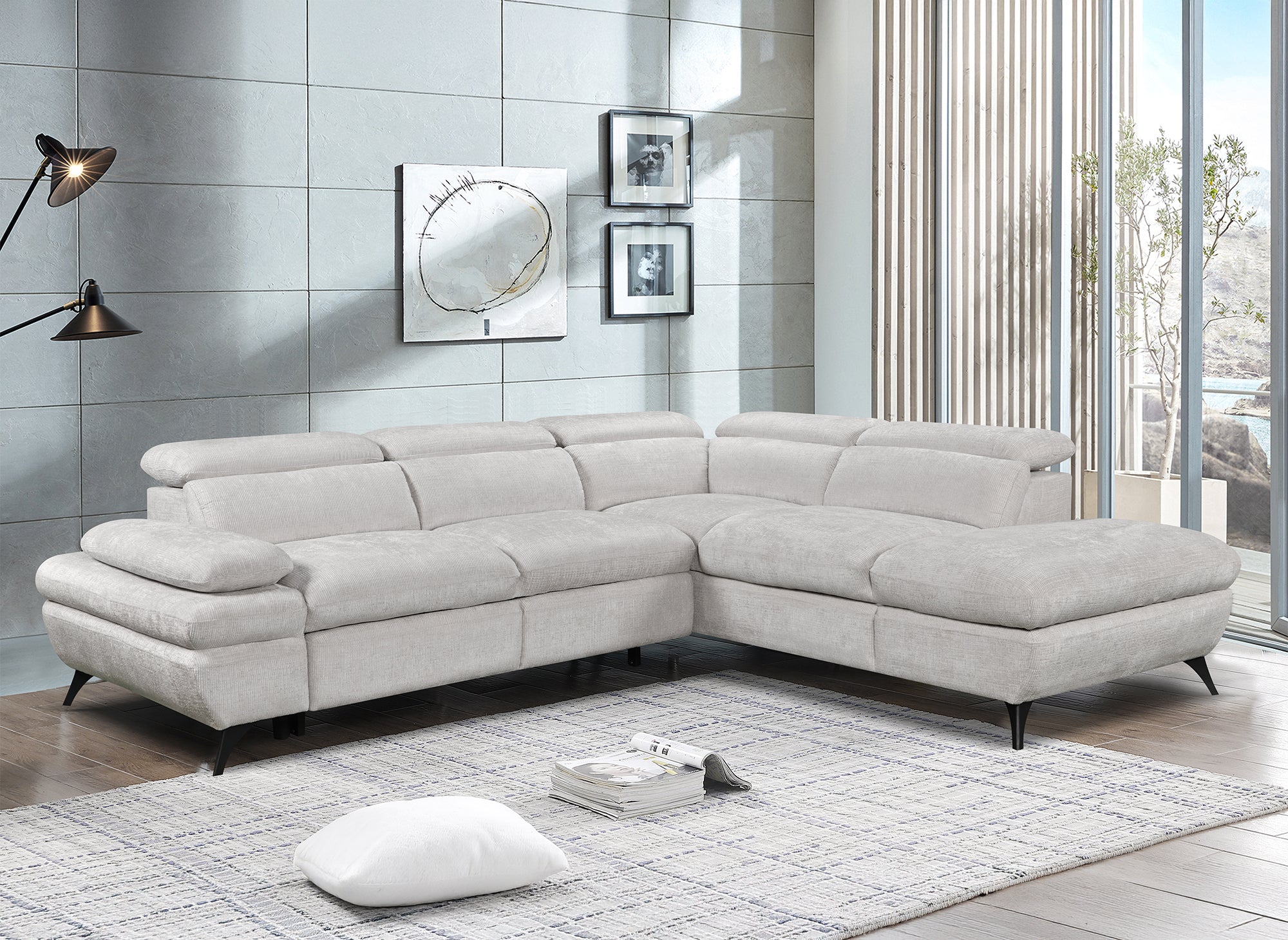 LUFY umwandelbares Ecksofa mit Stauraum aus ecruweiß meliertem Samt - Rechtwinklig