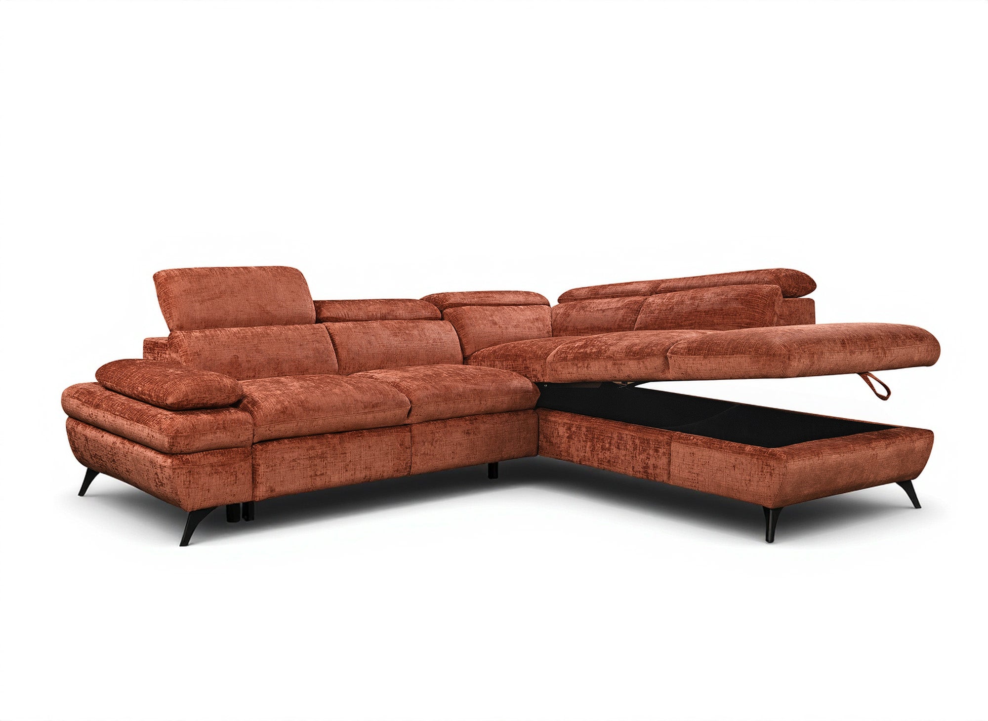 LUFY umwandelbares Ecksofa mit Stauraum aus terrakottafarbenem, meliertem Samt – rechtwinklig