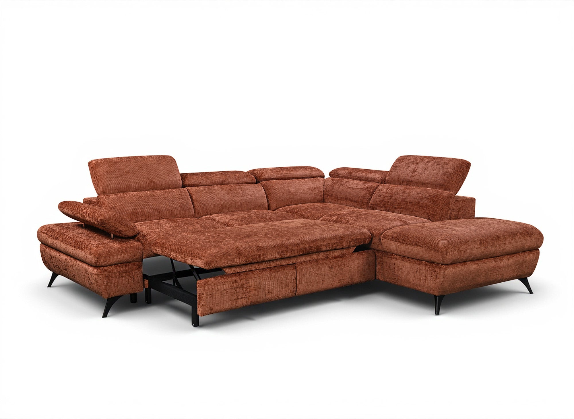 LUFY umwandelbares Ecksofa mit Stauraum aus terrakottafarbenem, meliertem Samt – rechtwinklig
