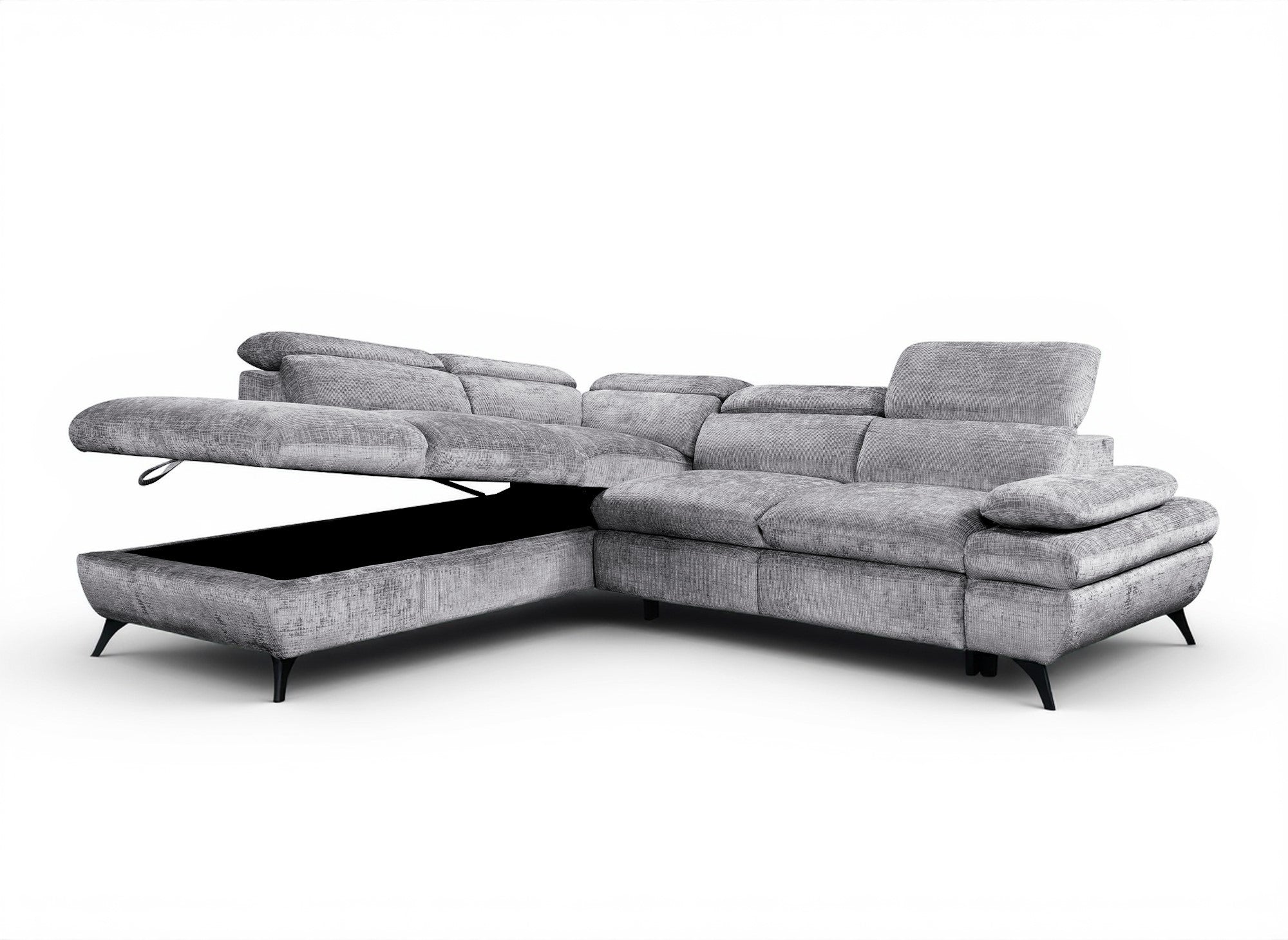 LUFY Ecksofa aus grau meliertem Samt mit Stauraum – Linke Ecke