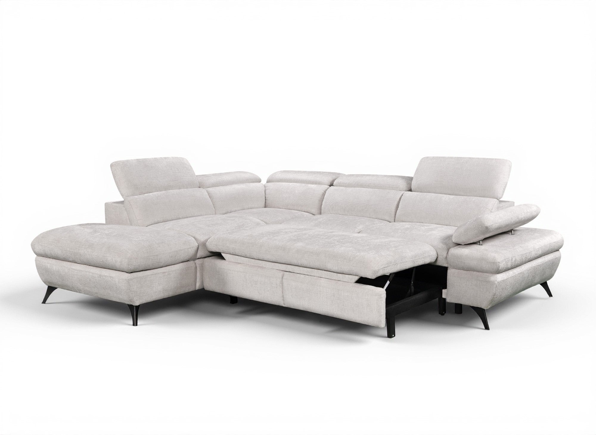 LUFY umwandelbares Ecksofa mit Stauraum aus ecruweiß meliertem Samt – Linke Ecke