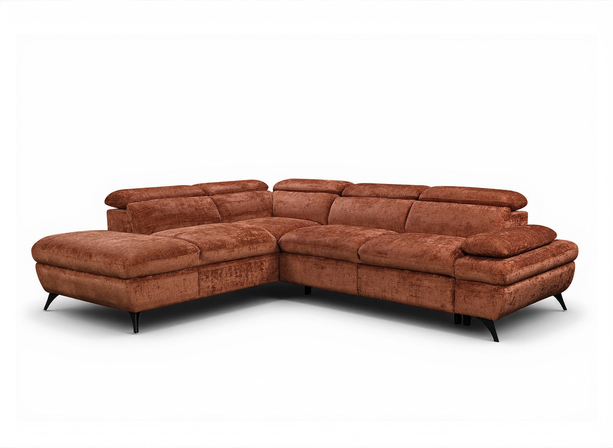 LUFY umwandelbares Ecksofa mit Stauraum aus terrakottafarbenem, meliertem Samt – Linke Ecke