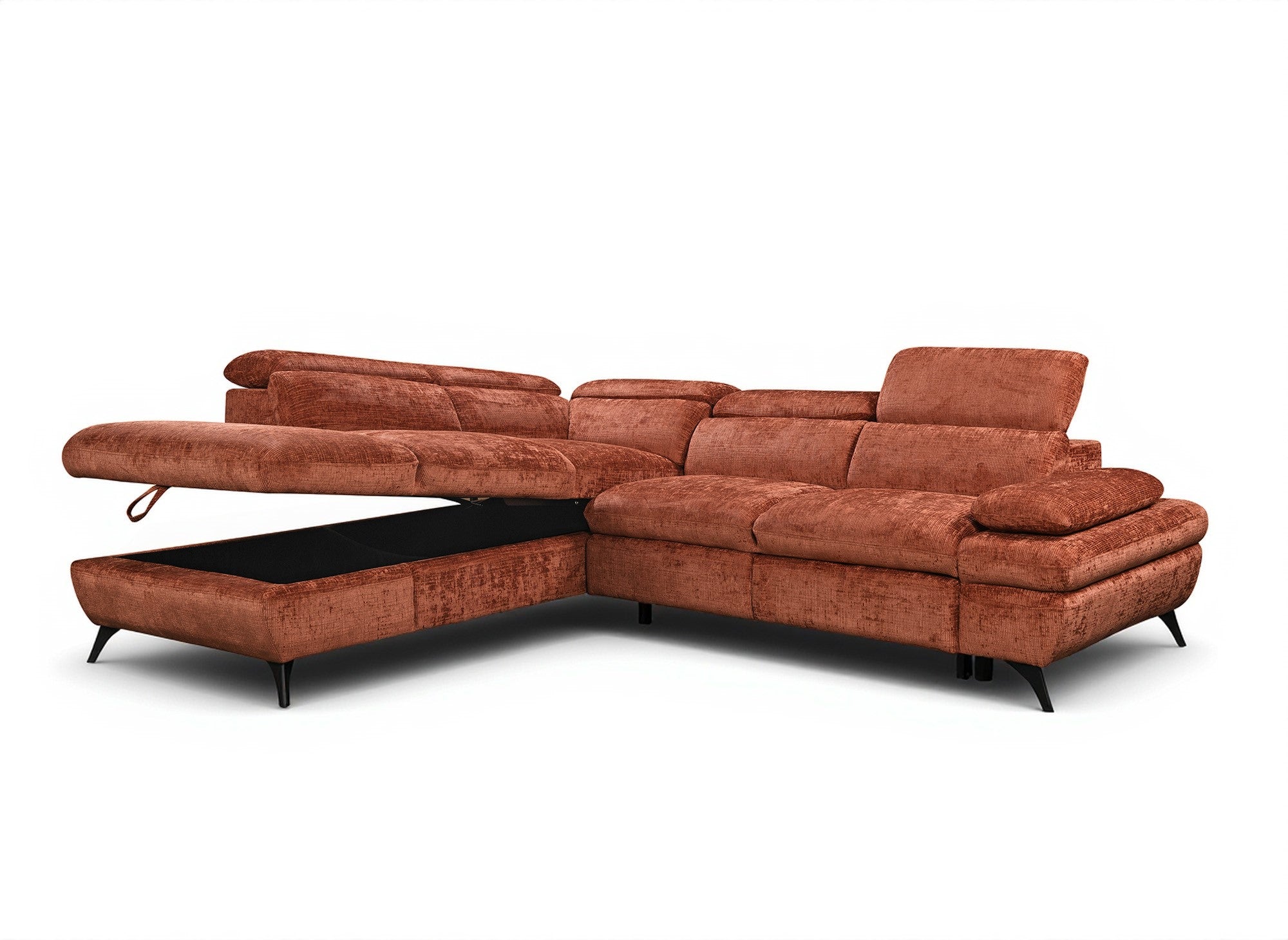 LUFY umwandelbares Ecksofa mit Stauraum aus terrakottafarbenem, meliertem Samt – Linke Ecke