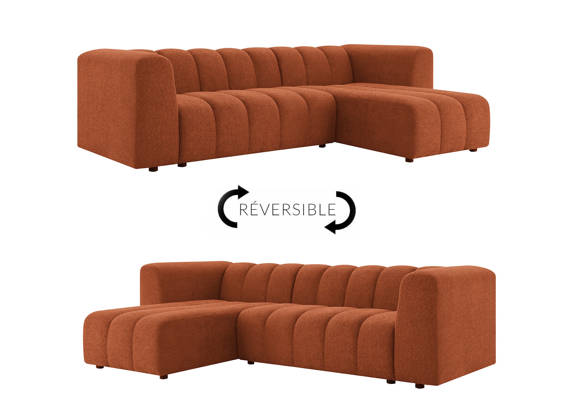 Wende-Ecksofa AELIS aus Terrakotta-Bouclé-Stoff