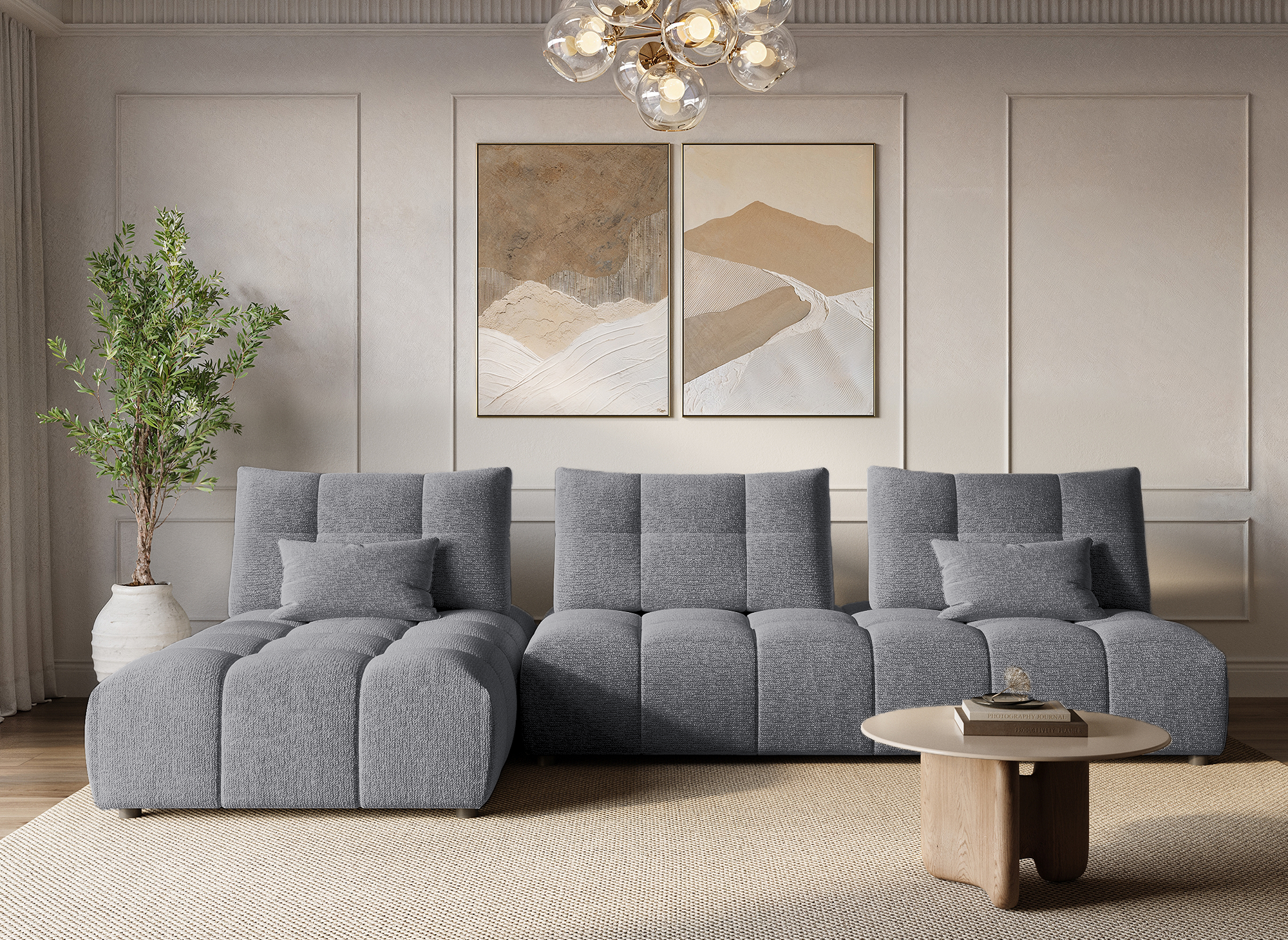 ALANA Ecksofa aus grauem strukturiertem Samt, wendbar