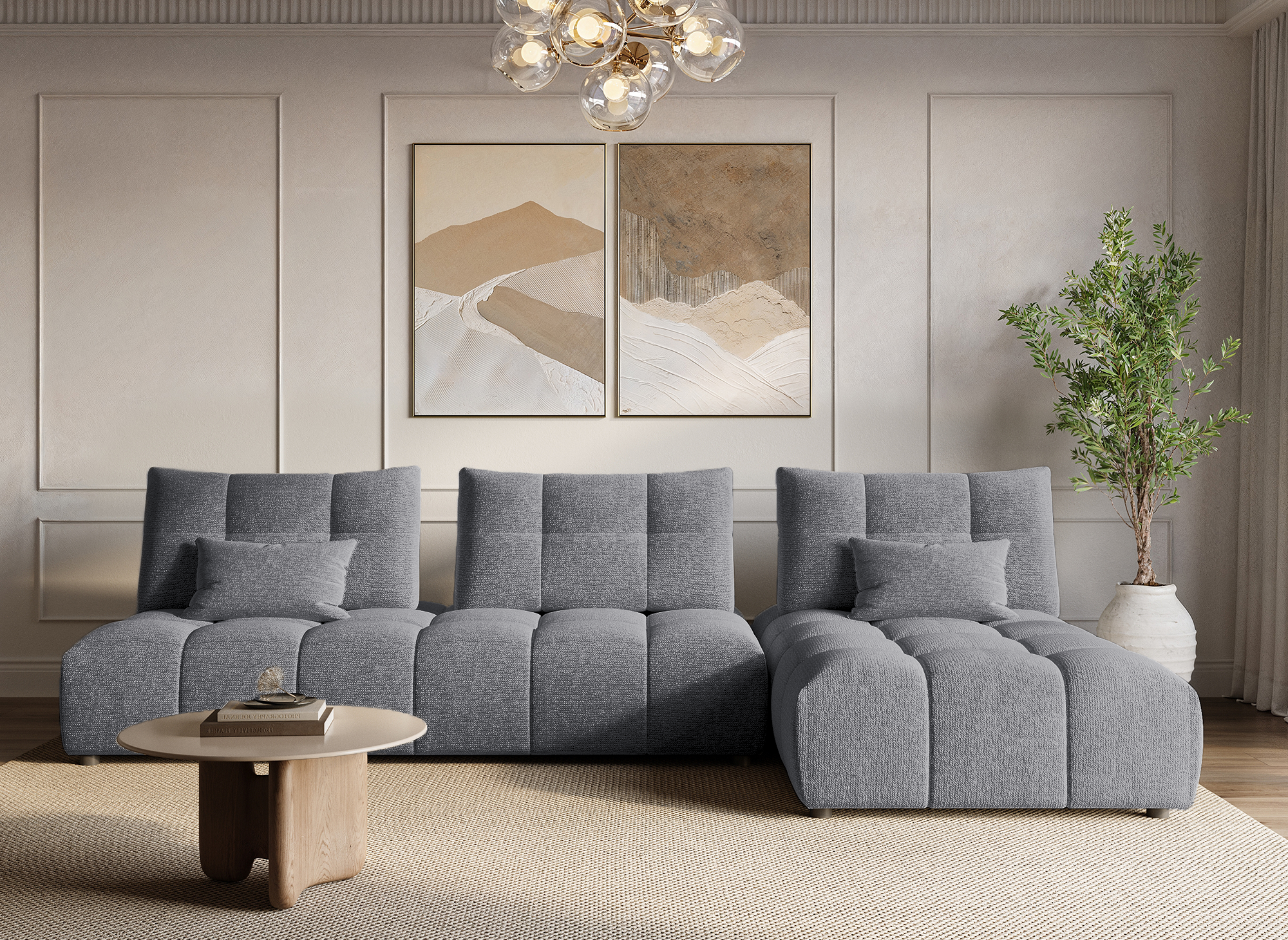 ALANA Ecksofa aus grauem strukturiertem Samt, wendbar