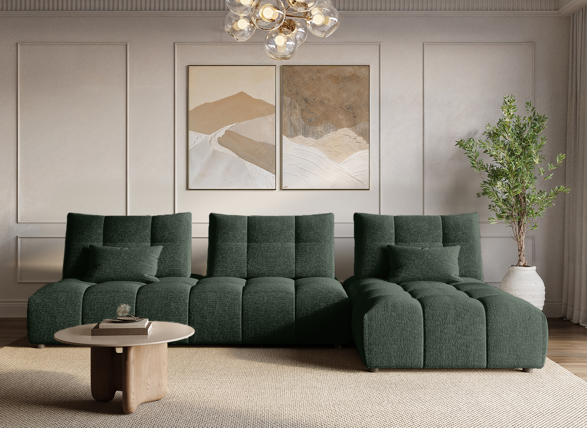 Wendbares Ecksofa ALANA aus strukturiertem Samt in Khakigrün