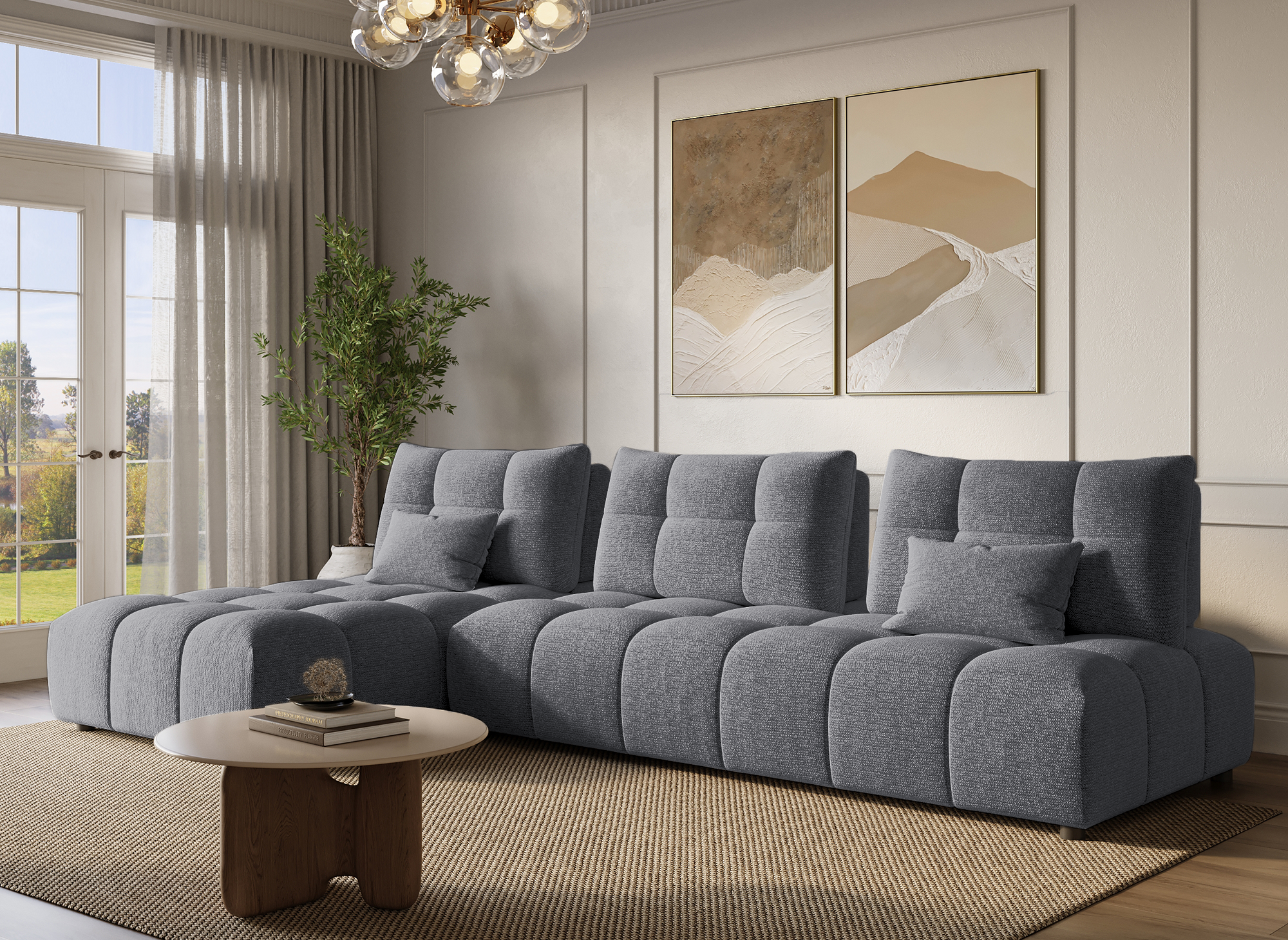 ALANA Ecksofa aus grauem strukturiertem Samt, wendbar