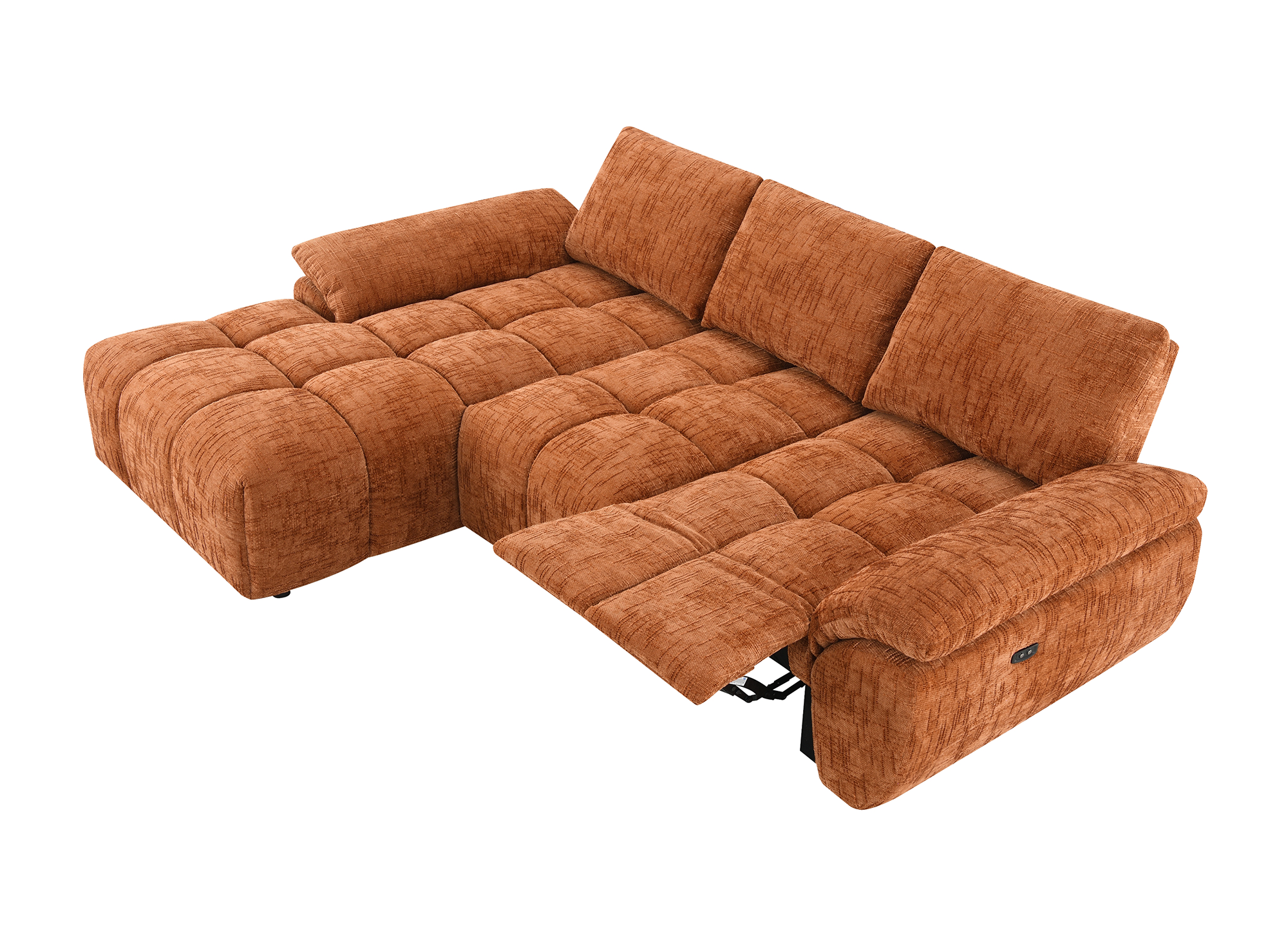 Elektrisches Relax-Ecksofa ALPES aus terrakottafarbenem, meliertem Samt – Linke Ecke