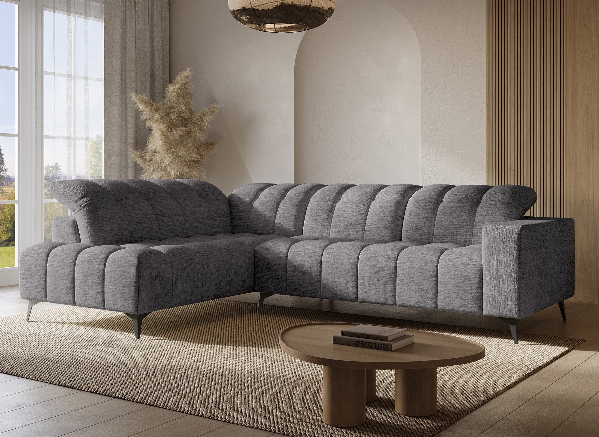 ALVAR Ecksofa mit elektrischer Liegefunktion aus grau meliertem Samt – Linke Ecke