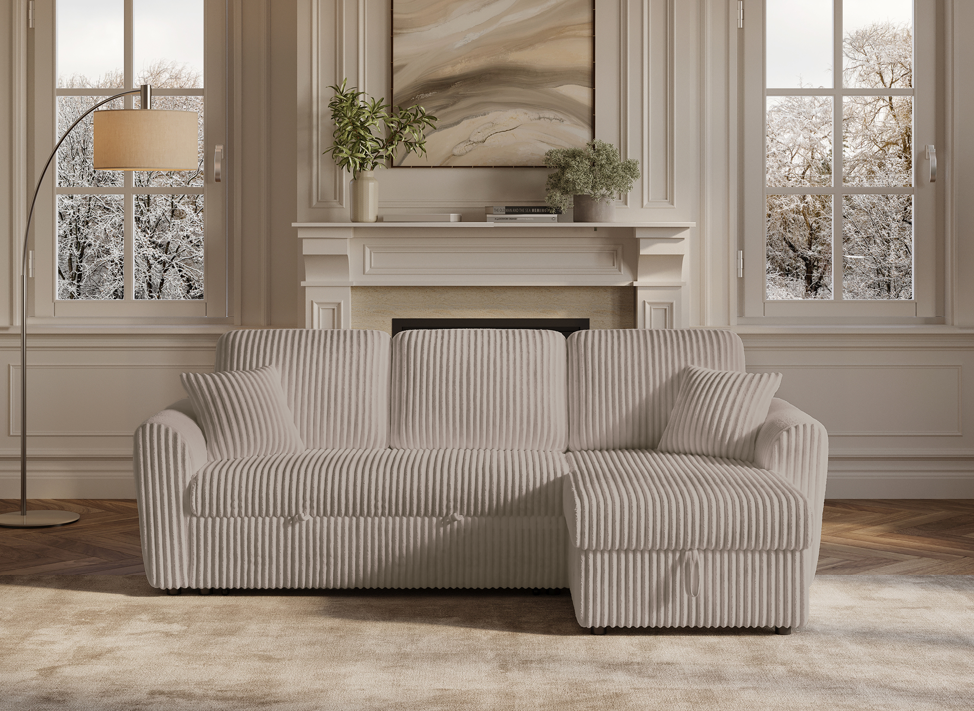 ADRYEN umwandelbares und wendbares Ecksofa mit Stauraum aus dickem Taupe-Cord