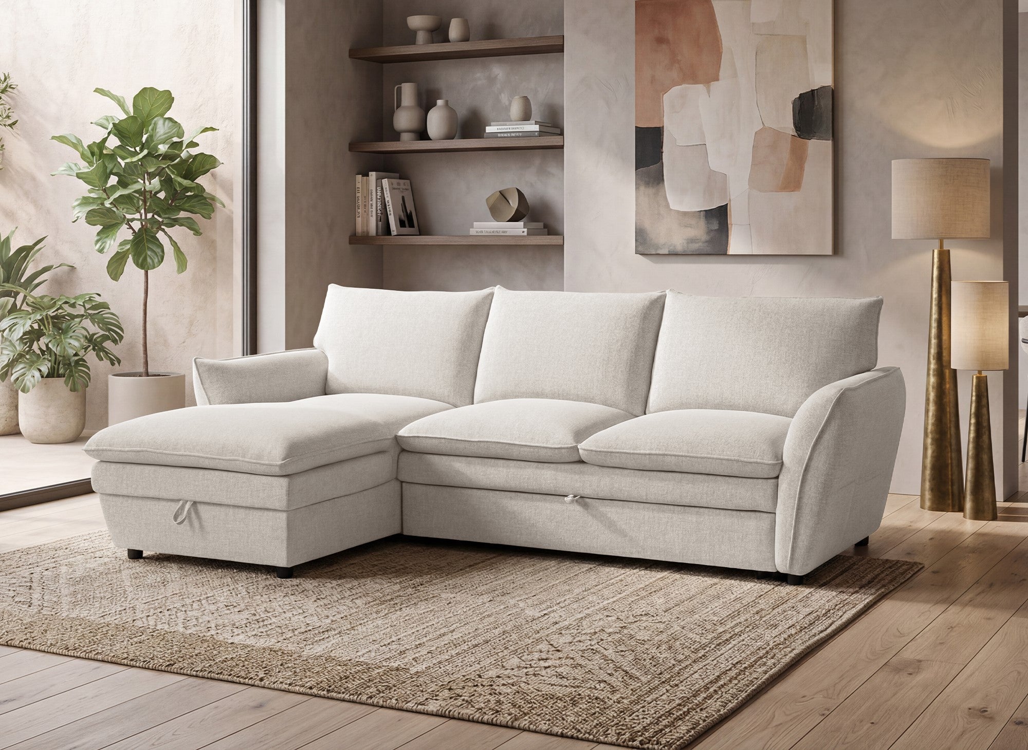 Umwandelbares Ecksofa mit Truhe aus beigem Stoff CAPUCINE – Linke Ecke