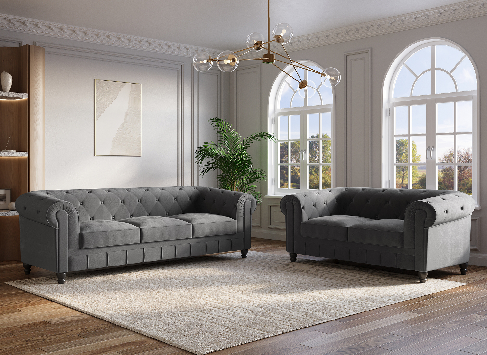 Chesterfield 3-Sitzer-Sofa aus grauem Samt