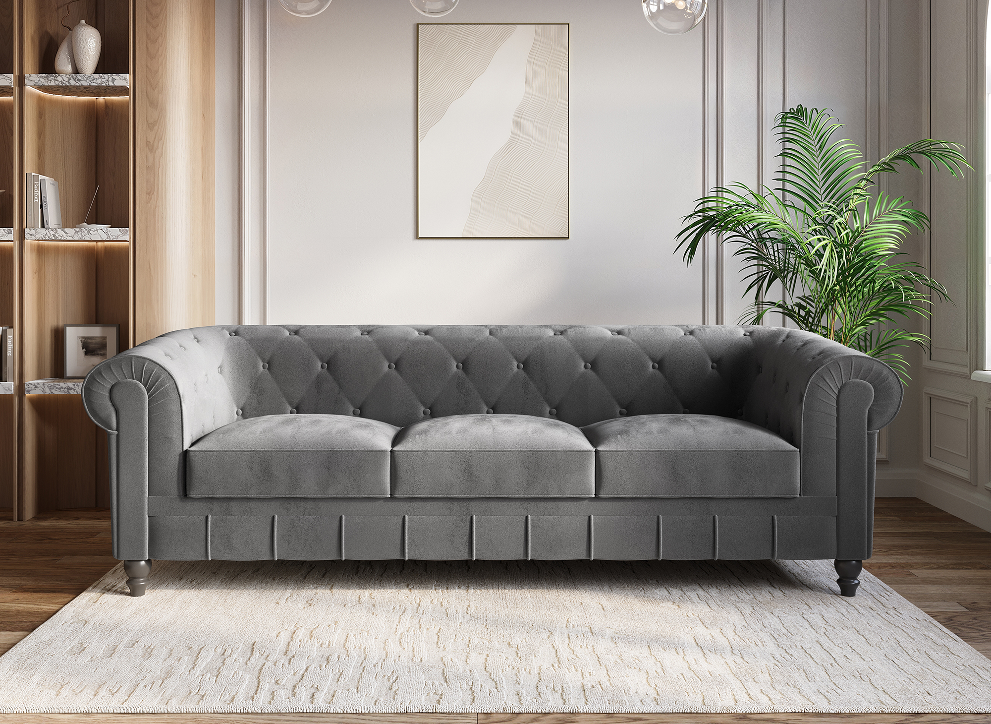 Chesterfield 3-Sitzer-Sofa aus grauem Samt