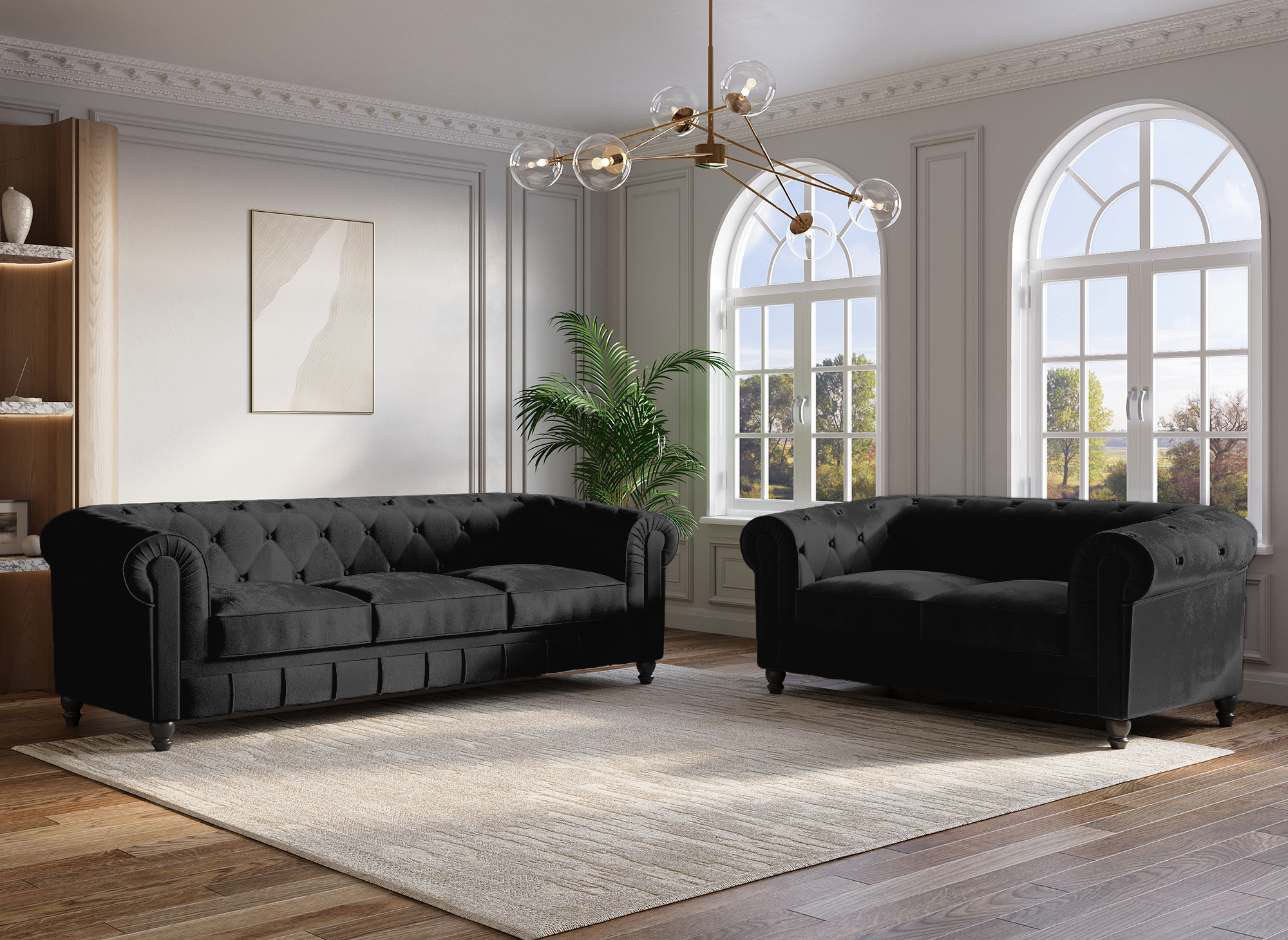 Chesterfield 3-Sitzer-Sofa aus schwarzem Samt