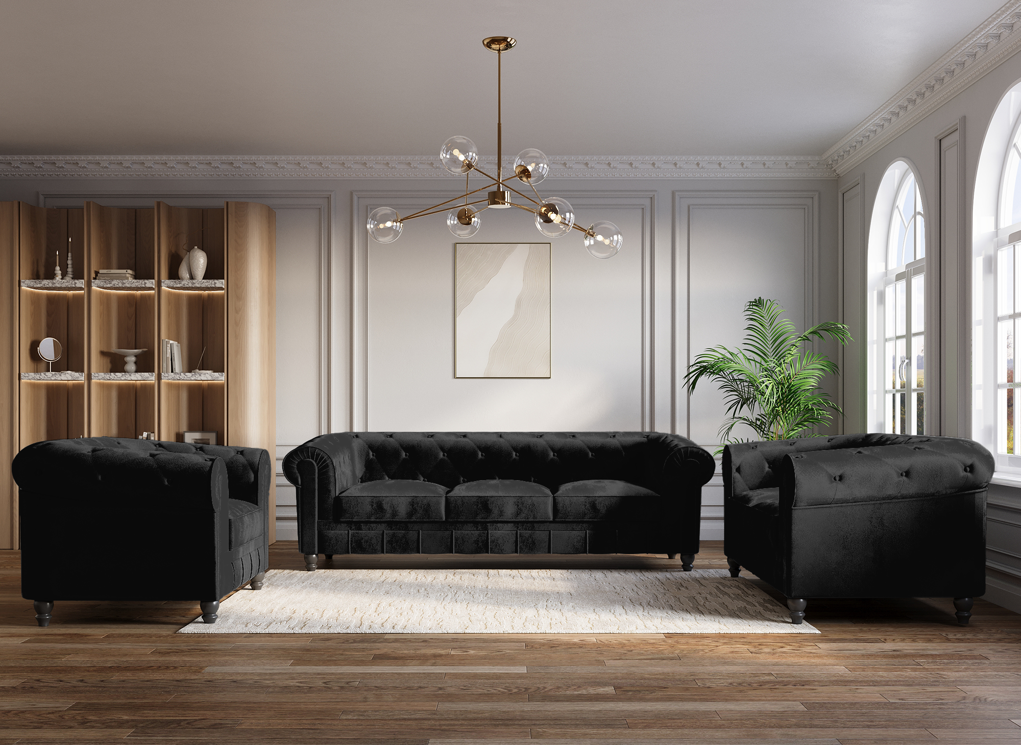 Chesterfield 3-Sitzer-Sofa aus schwarzem Samt