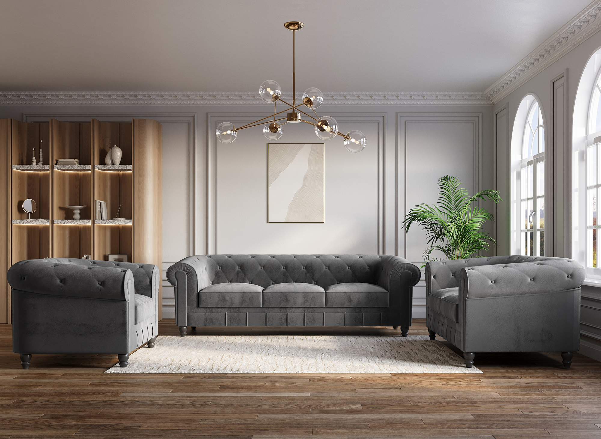 Chesterfield 2-Sitzer-Sofa aus grauem Samt