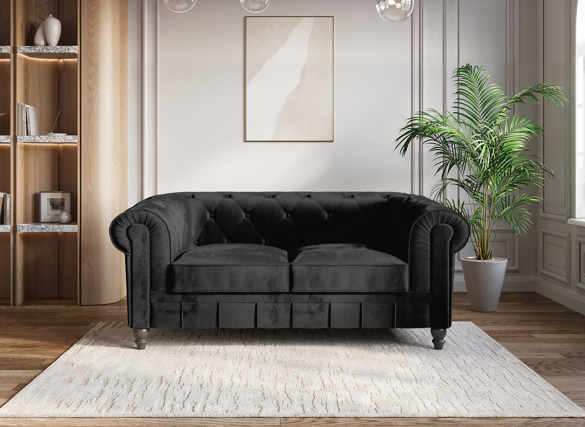 Chesterfield 2-Sitzer-Sofa aus schwarzem Samt