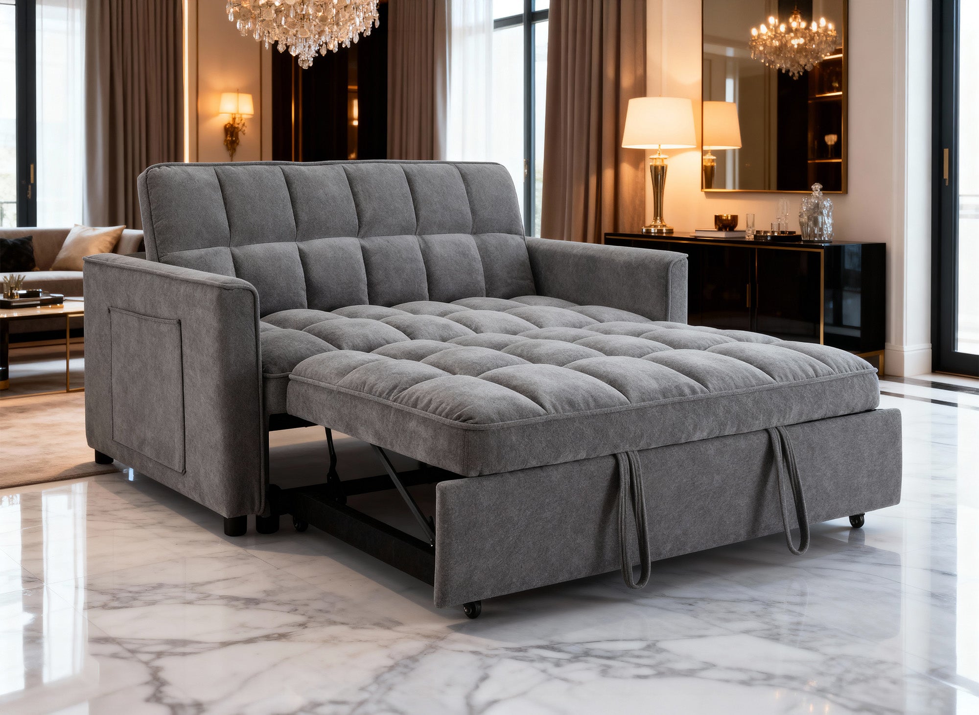 JASPER 2-Sitzer-Schlafsofa aus grauem strukturiertem Samt