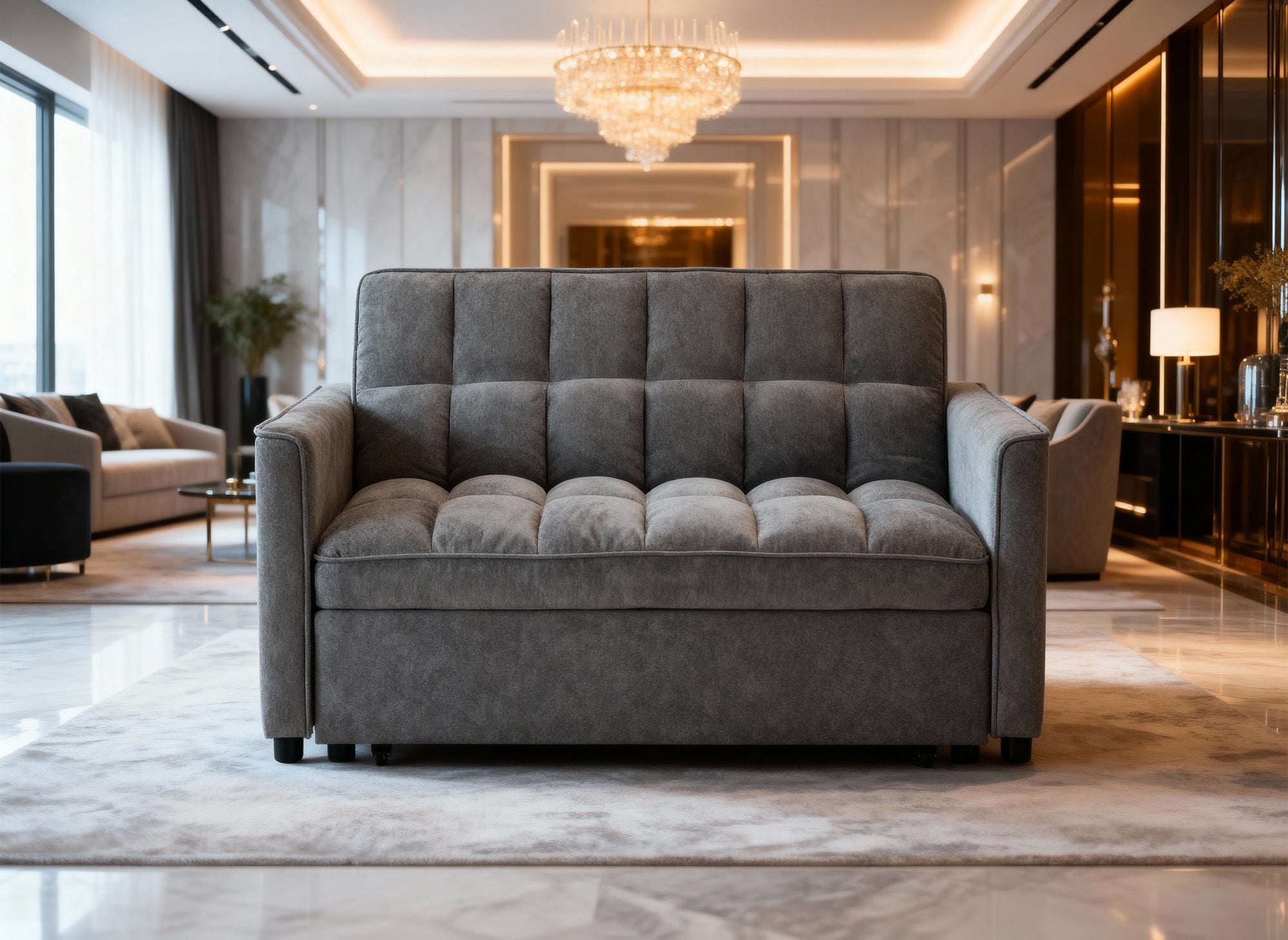 JASPER 2-Sitzer-Schlafsofa aus grauem strukturiertem Samt