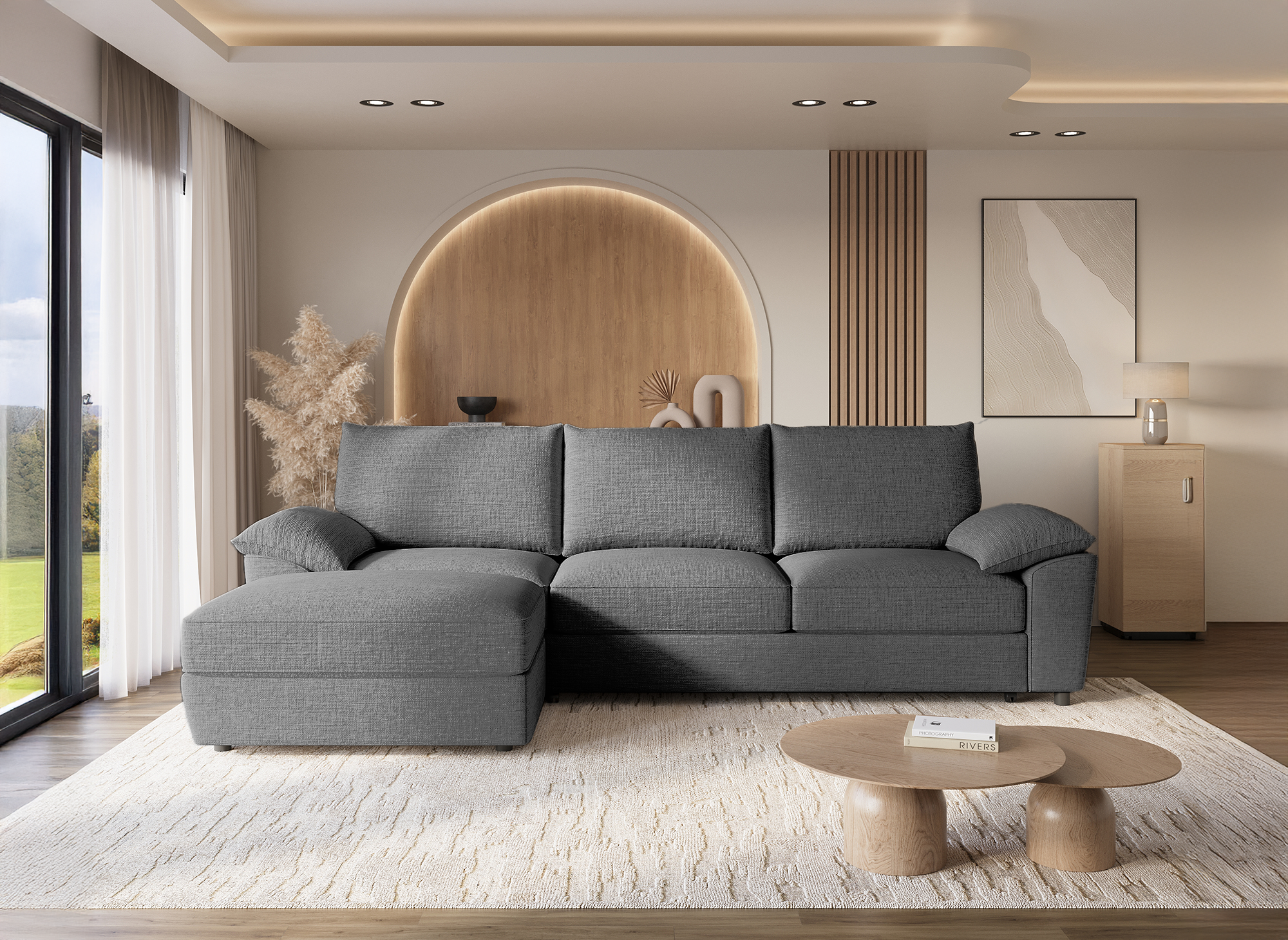 GABIN Ecksofa aus grau meliertem Samt mit Aufbewahrungsbox - Linke Ecke