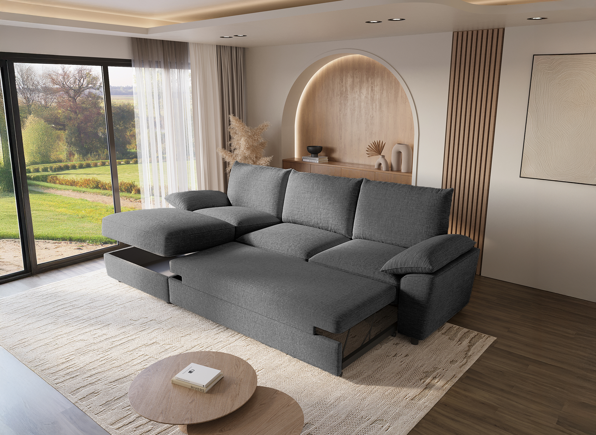 GABIN Ecksofa aus grau meliertem Samt mit Aufbewahrungsbox - Linke Ecke