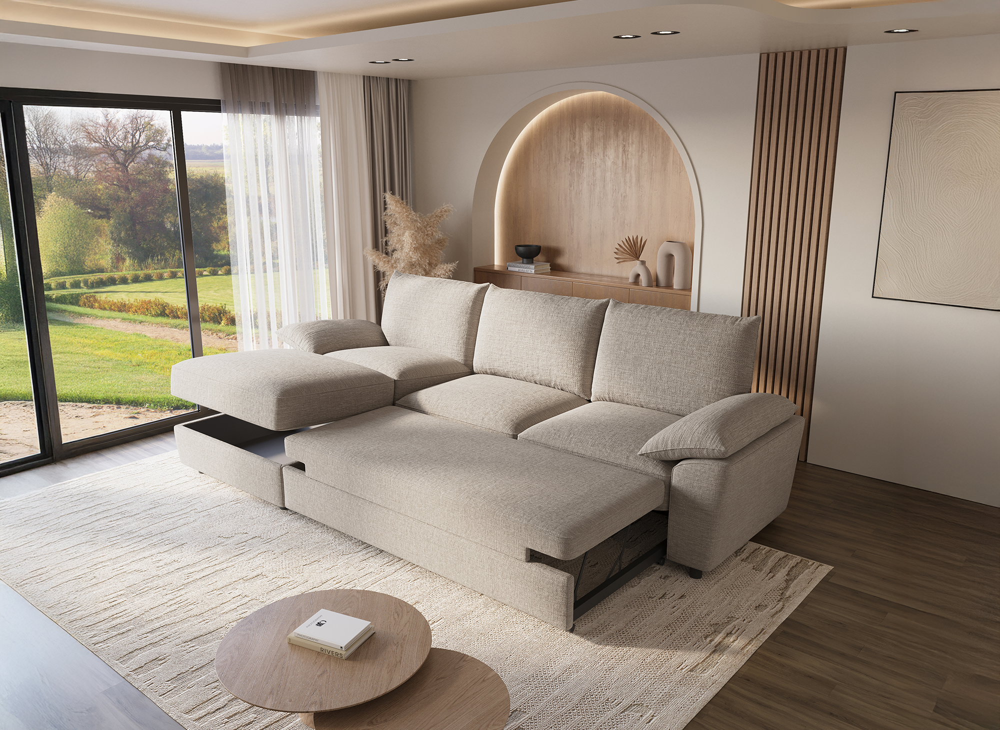 GABIN Ecksofa aus beige meliertem Samt mit Aufbewahrungsbox - Linke Ecke