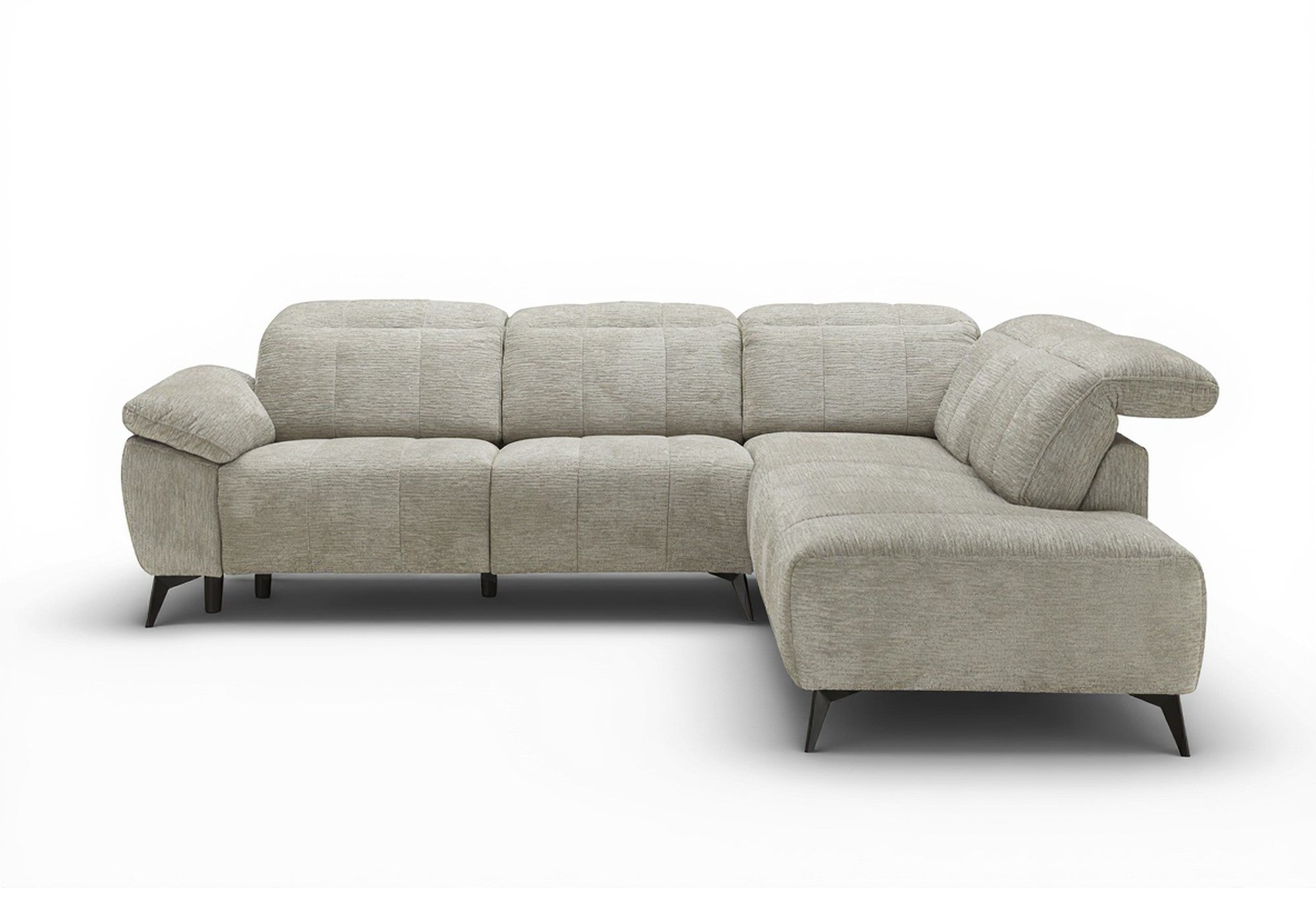 SOLINA Ecksofa mit elektrischer Verstellung aus beige meliertem Samt – rechtwinklig