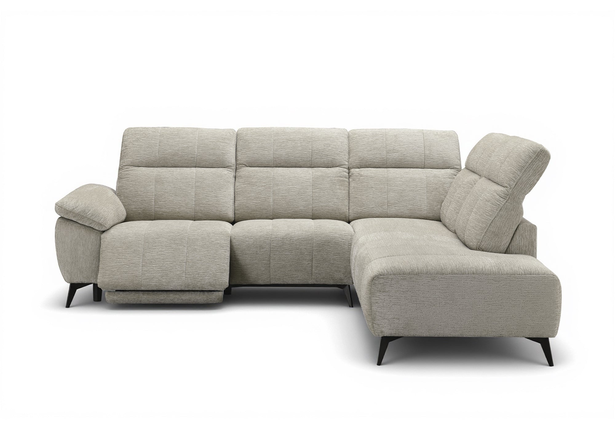 SOLINA Ecksofa mit elektrischer Verstellung aus beige meliertem Samt – rechtwinklig