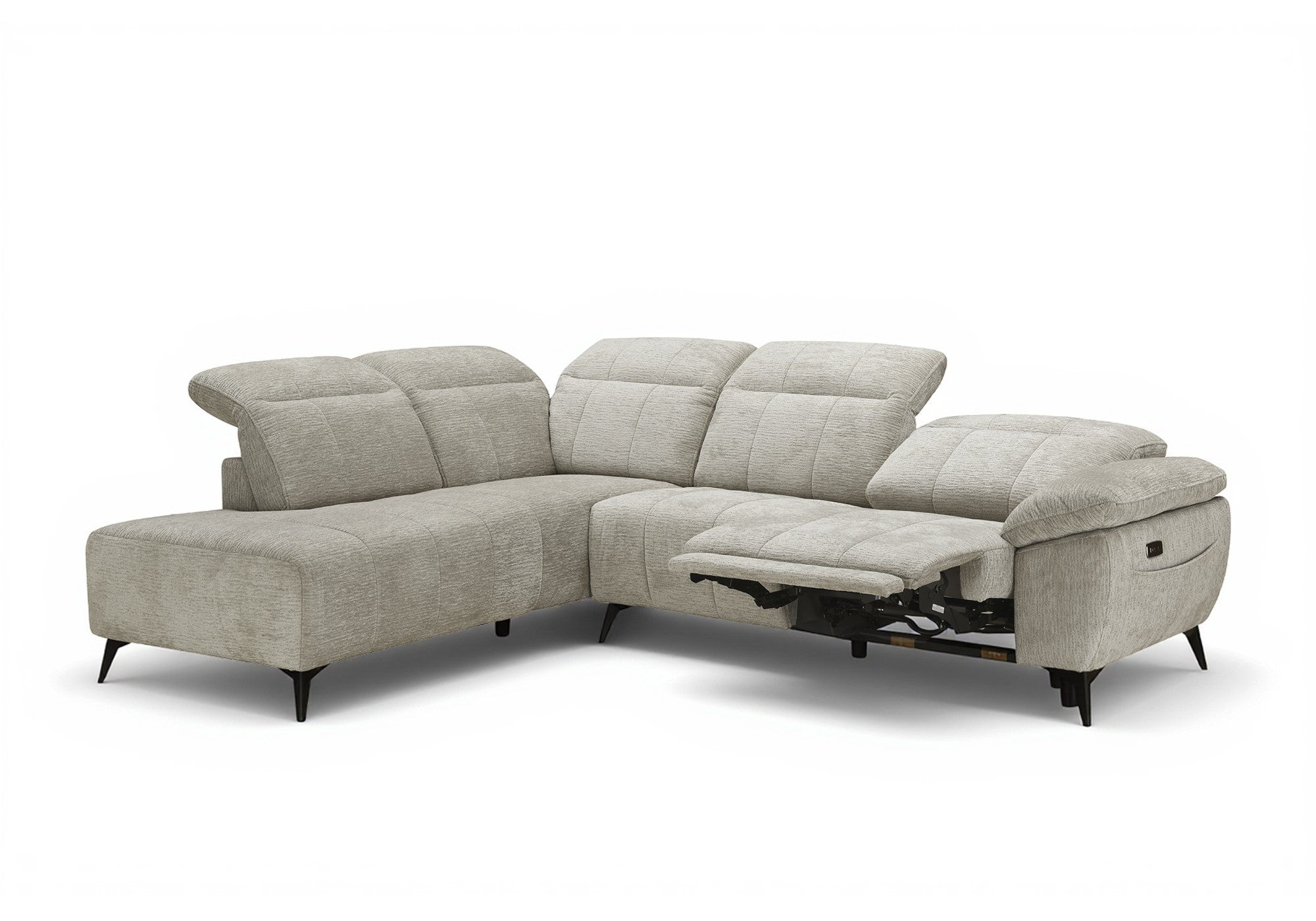 SOLINA Ecksofa mit elektrischer Verstellung aus beige meliertem Samt – Linke Ecke