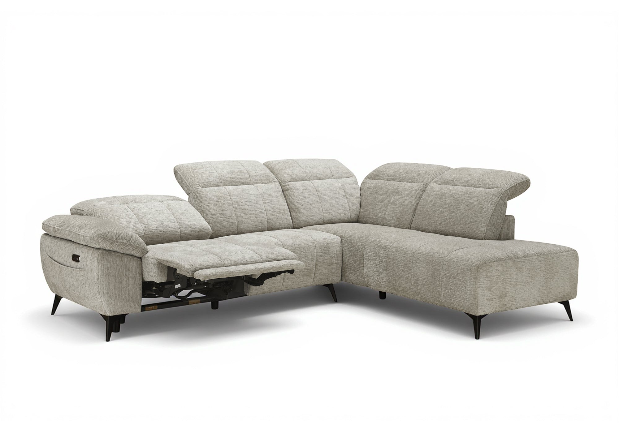 SOLINA Ecksofa mit elektrischer Verstellung aus beige meliertem Samt – rechtwinklig