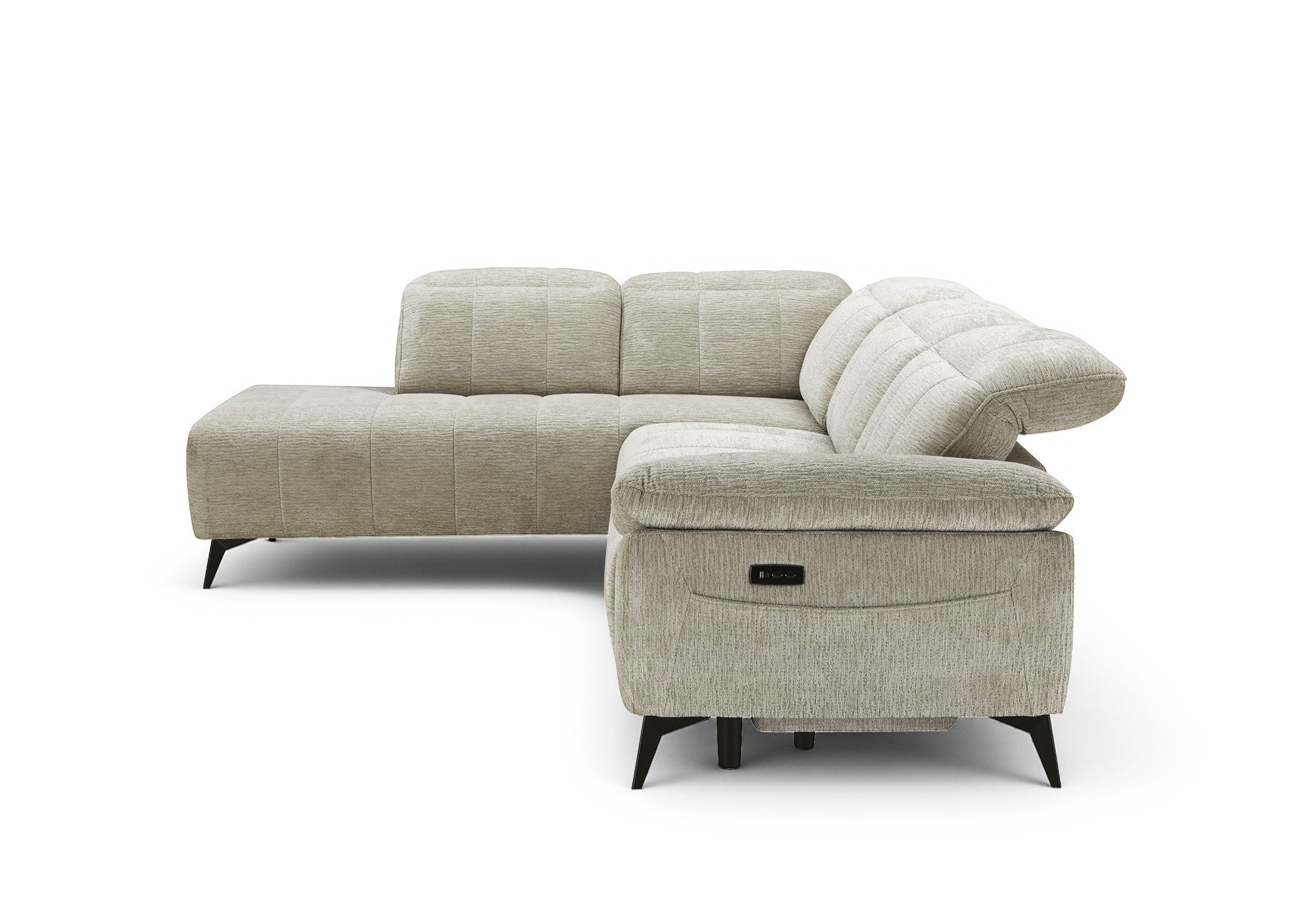 SOLINA Ecksofa mit elektrischer Verstellung aus beige meliertem Samt – Linke Ecke