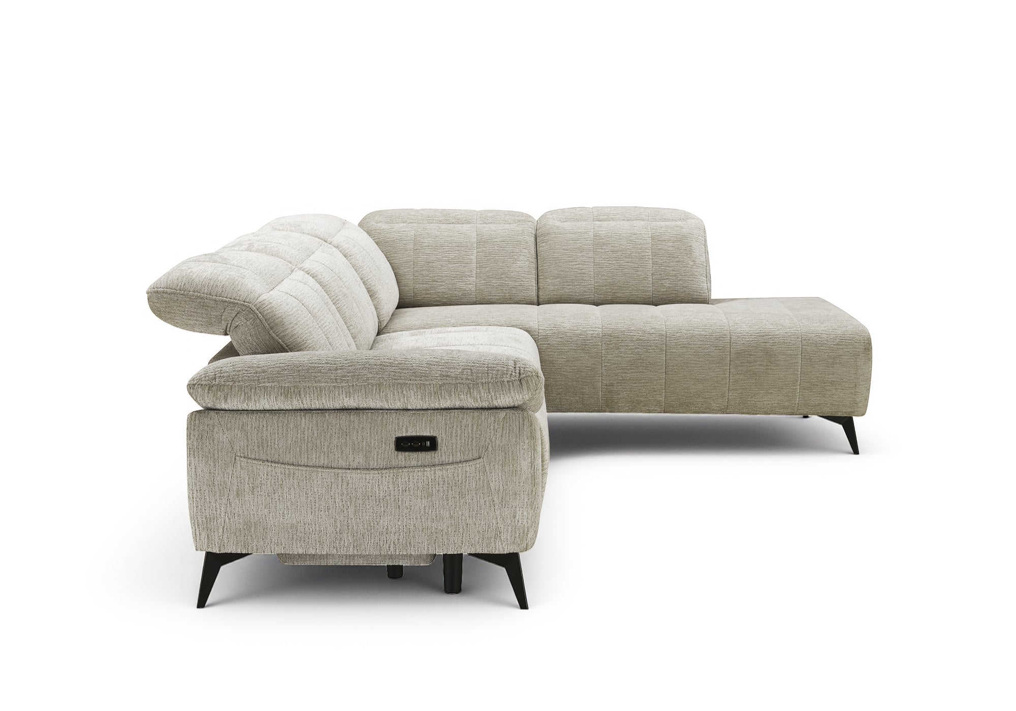 SOLINA Ecksofa mit elektrischer Verstellung aus beige meliertem Samt – rechtwinklig