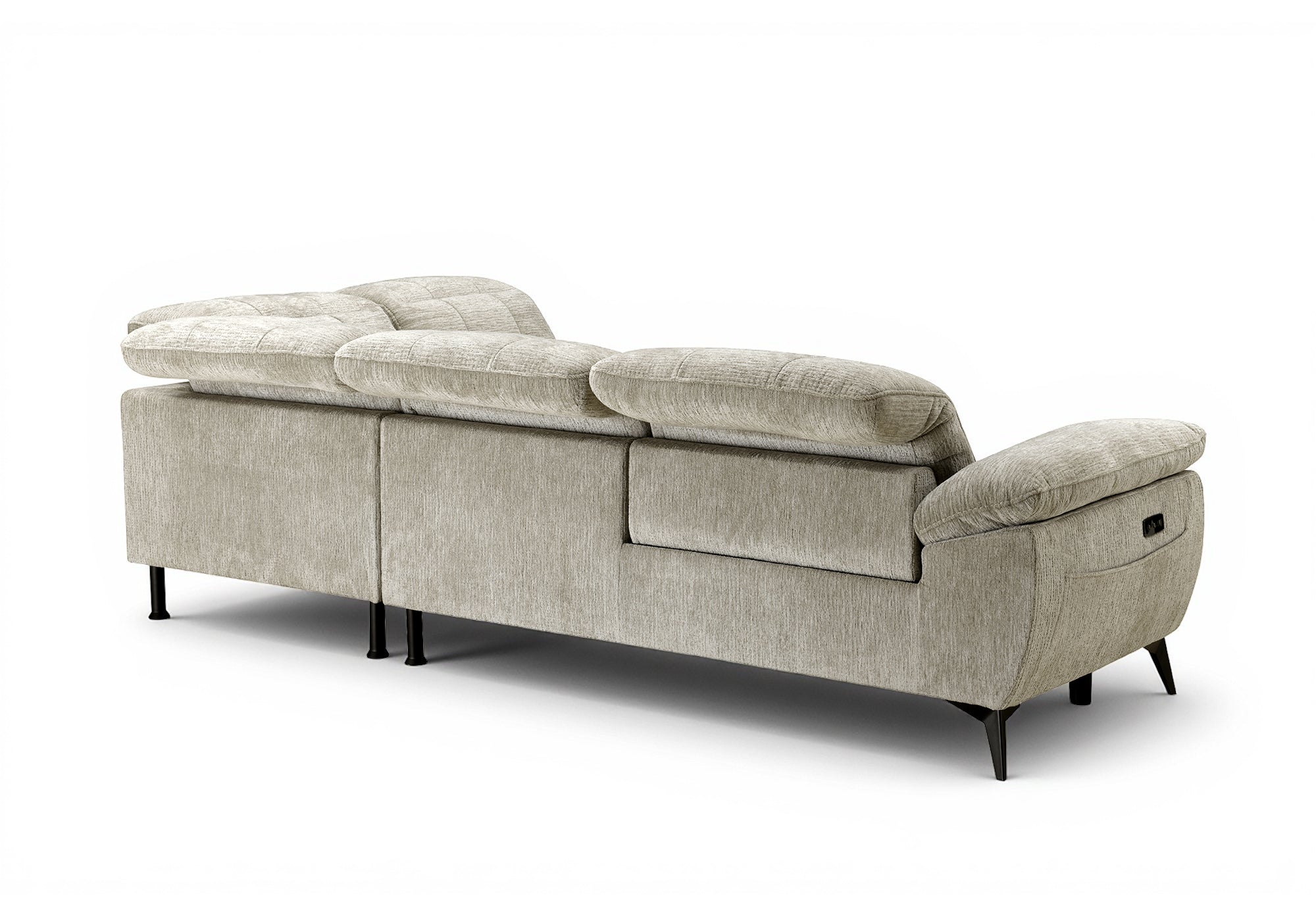 SOLINA Ecksofa mit elektrischer Verstellung aus beige meliertem Samt – rechtwinklig