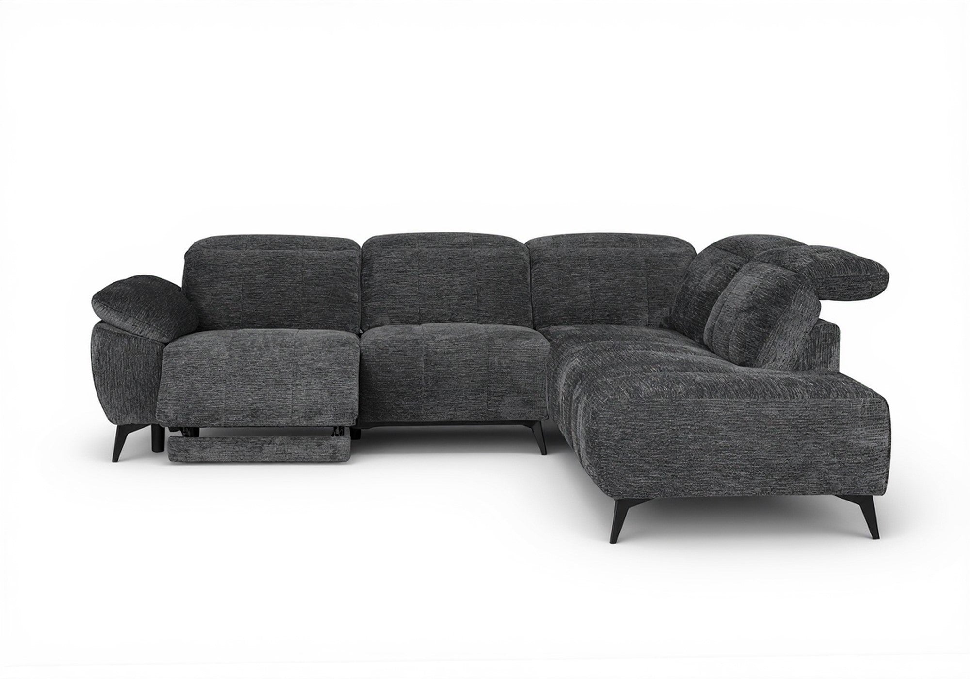 SOLINA Ecksofa mit elektrischer Liegefunktion aus grau meliertem Samt – rechtwinklig