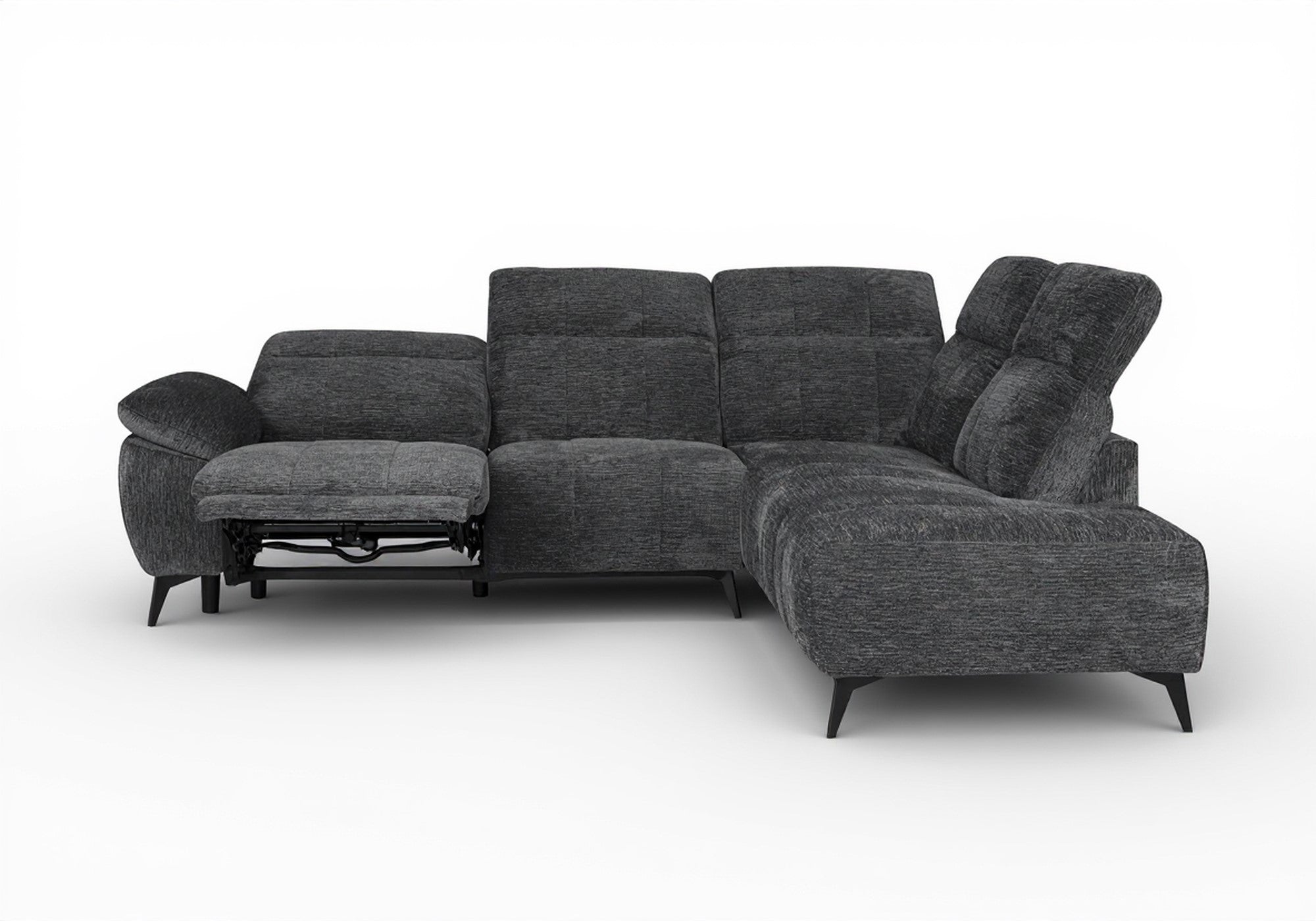 SOLINA Ecksofa mit elektrischer Liegefunktion aus grau meliertem Samt – rechtwinklig