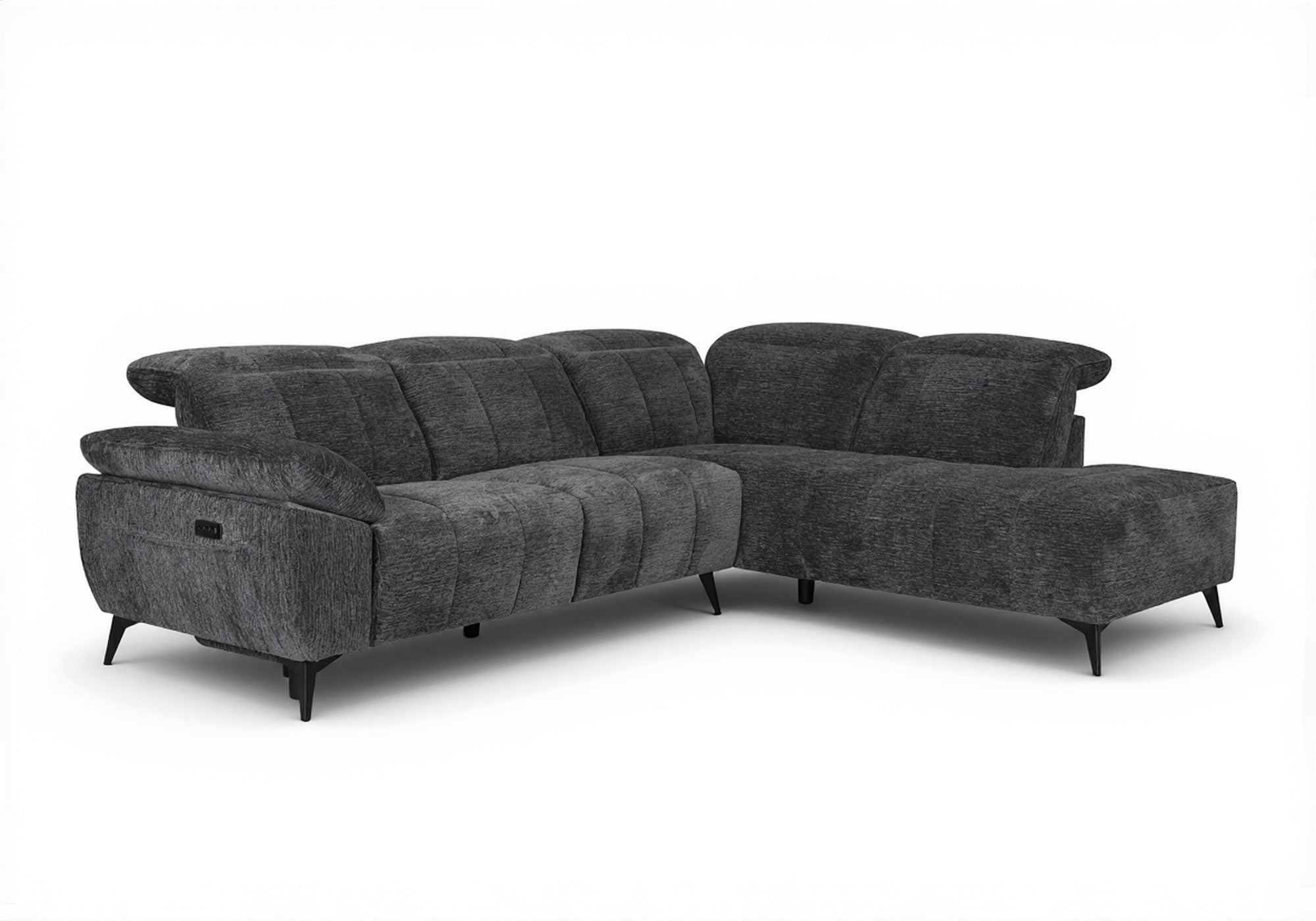 SOLINA Ecksofa mit elektrischer Liegefunktion aus grau meliertem Samt – rechtwinklig