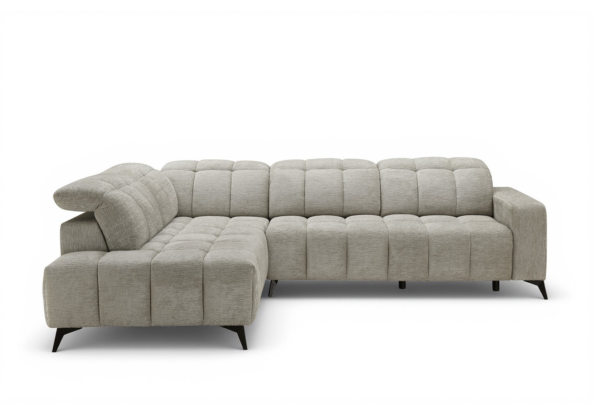 ALVAR elektrisches Relax-Ecksofa aus beige meliertem Samt - Linke Ecke
