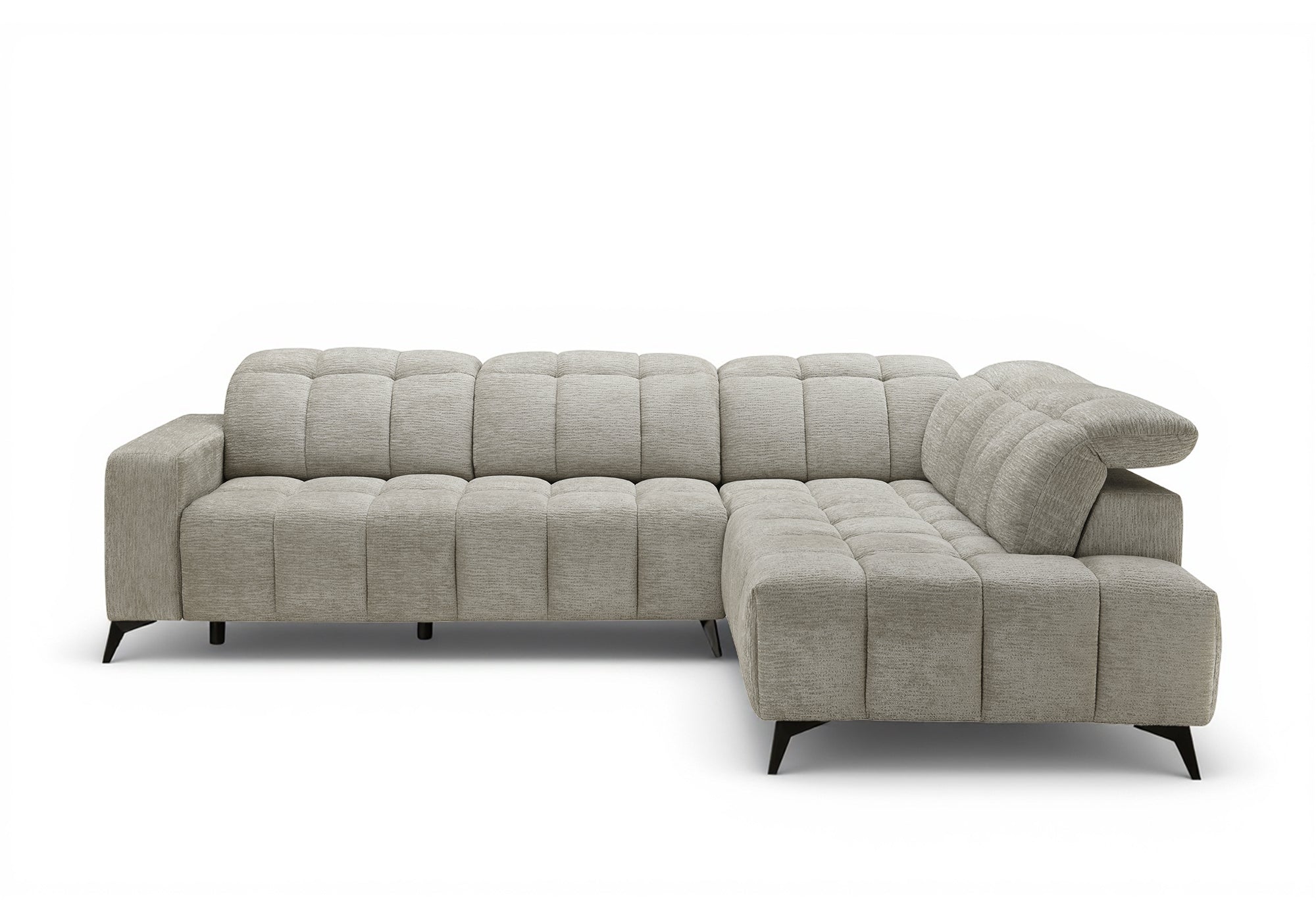 ALVAR Ecksofa mit elektrischer Liegefunktion aus beige meliertem Samt – rechtwinklig