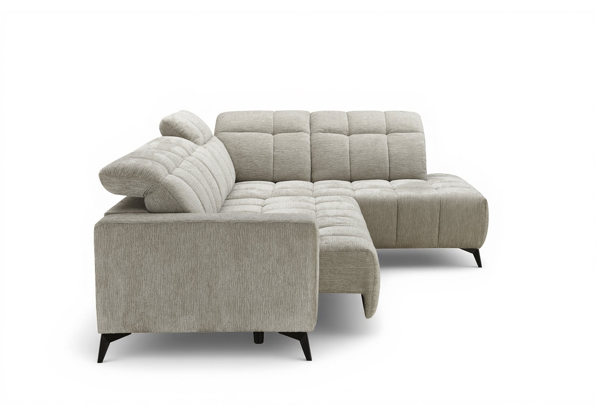 ALVAR Ecksofa mit elektrischer Liegefunktion aus beige meliertem Samt – rechtwinklig