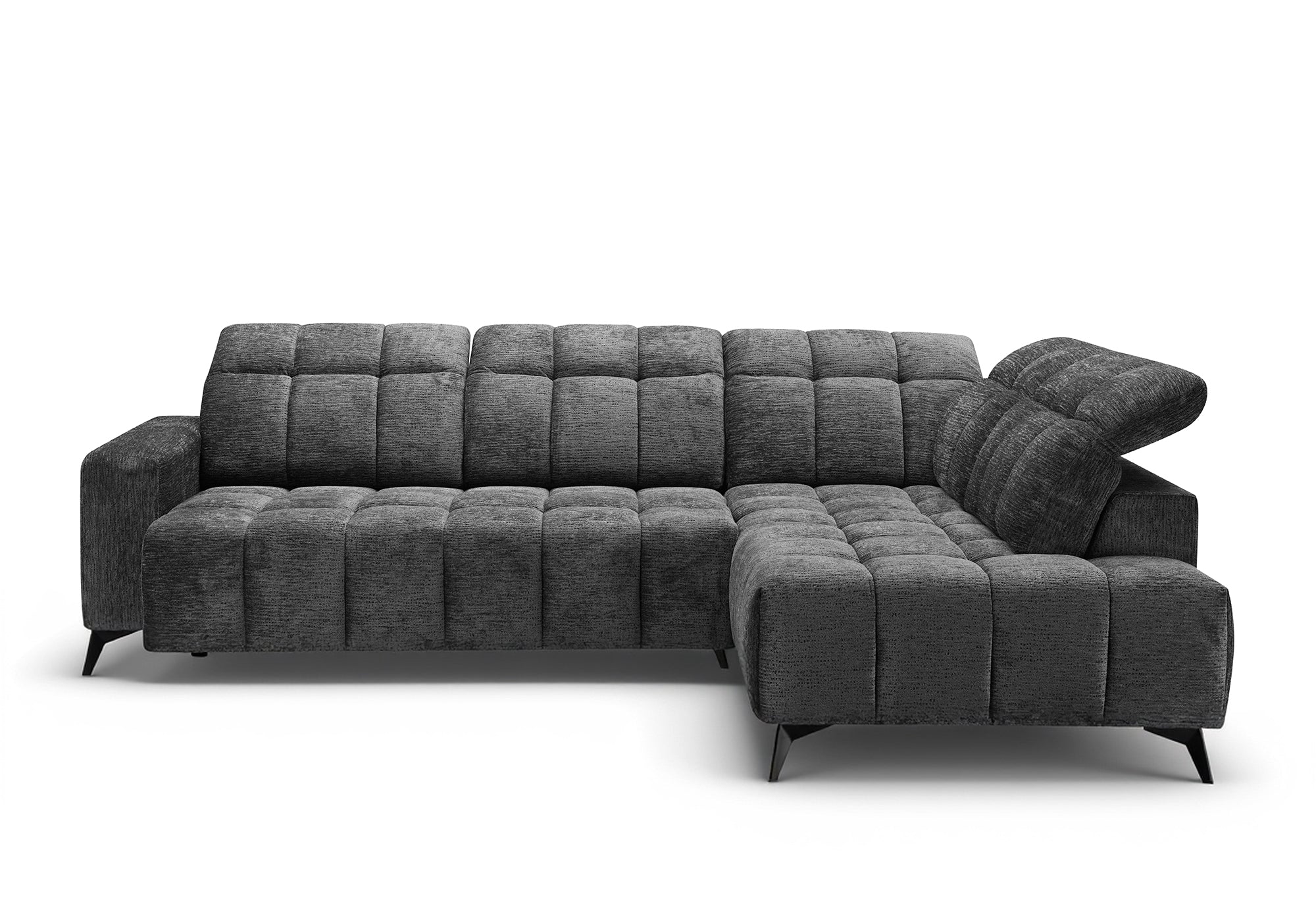 ALVAR Ecksofa mit elektrischer Liegefunktion aus grau meliertem Samt – rechtwinklig