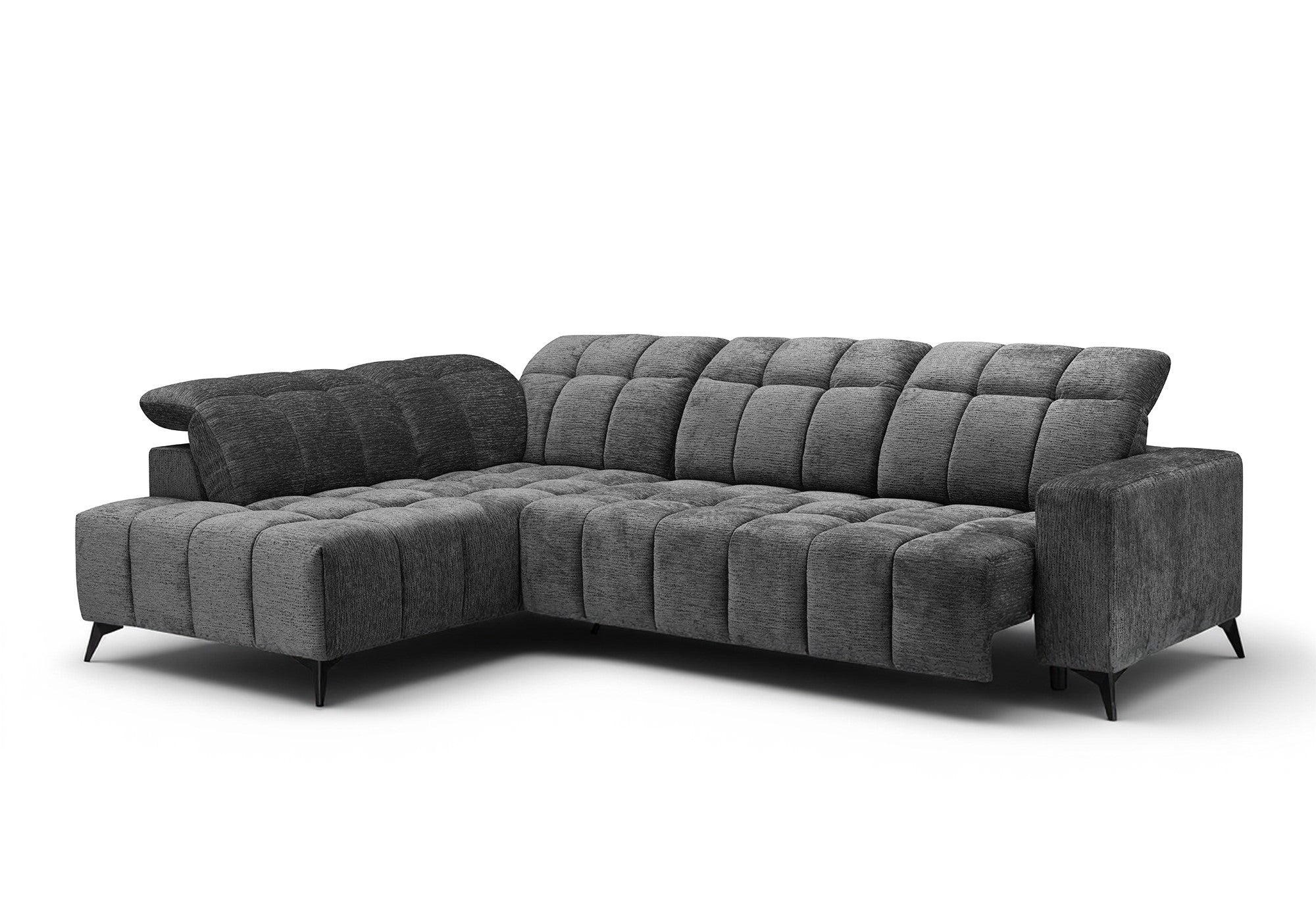 ALVAR Ecksofa mit elektrischer Liegefunktion aus grau meliertem Samt – Linke Ecke