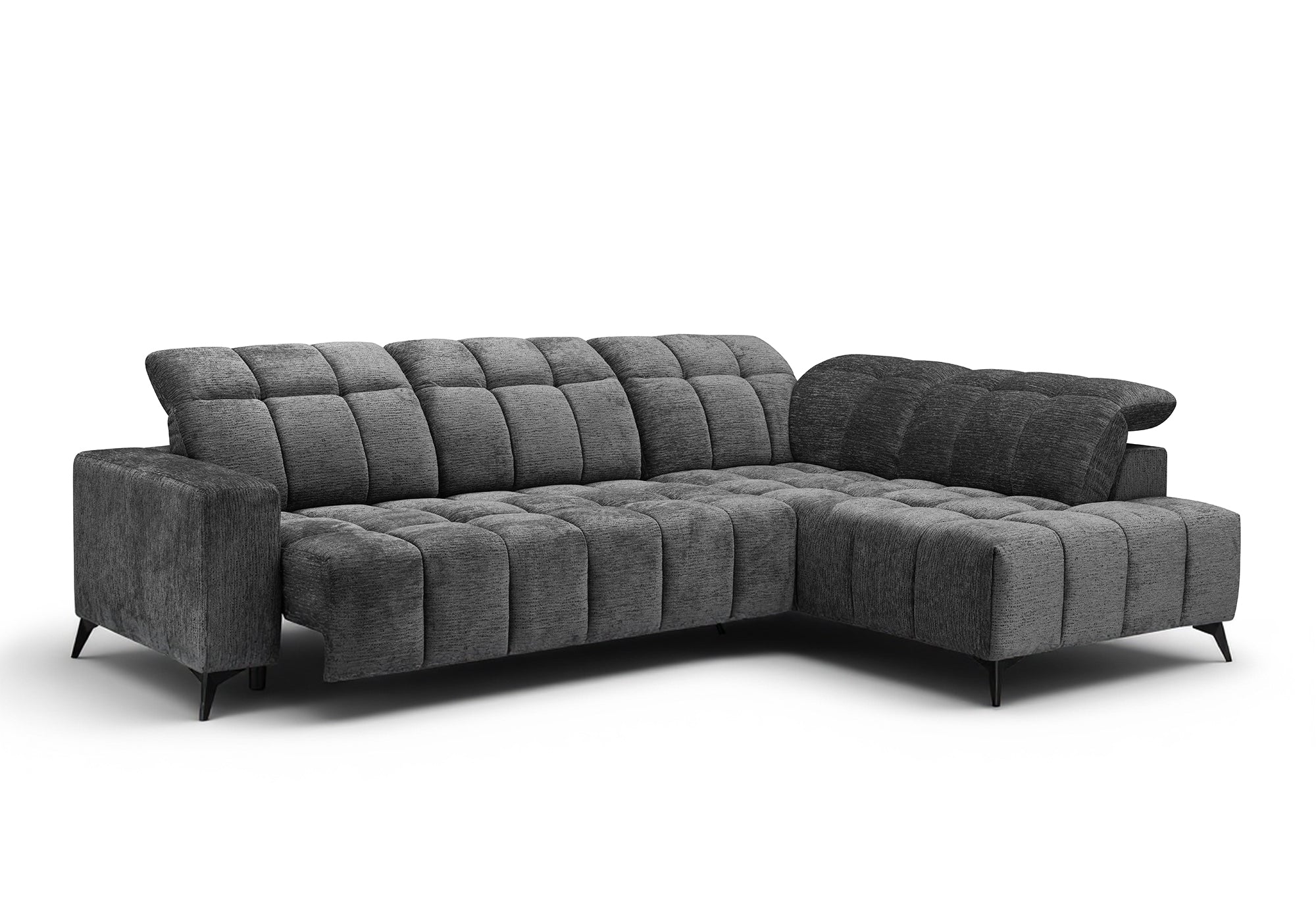 ALVAR Ecksofa mit elektrischer Liegefunktion aus grau meliertem Samt – rechtwinklig