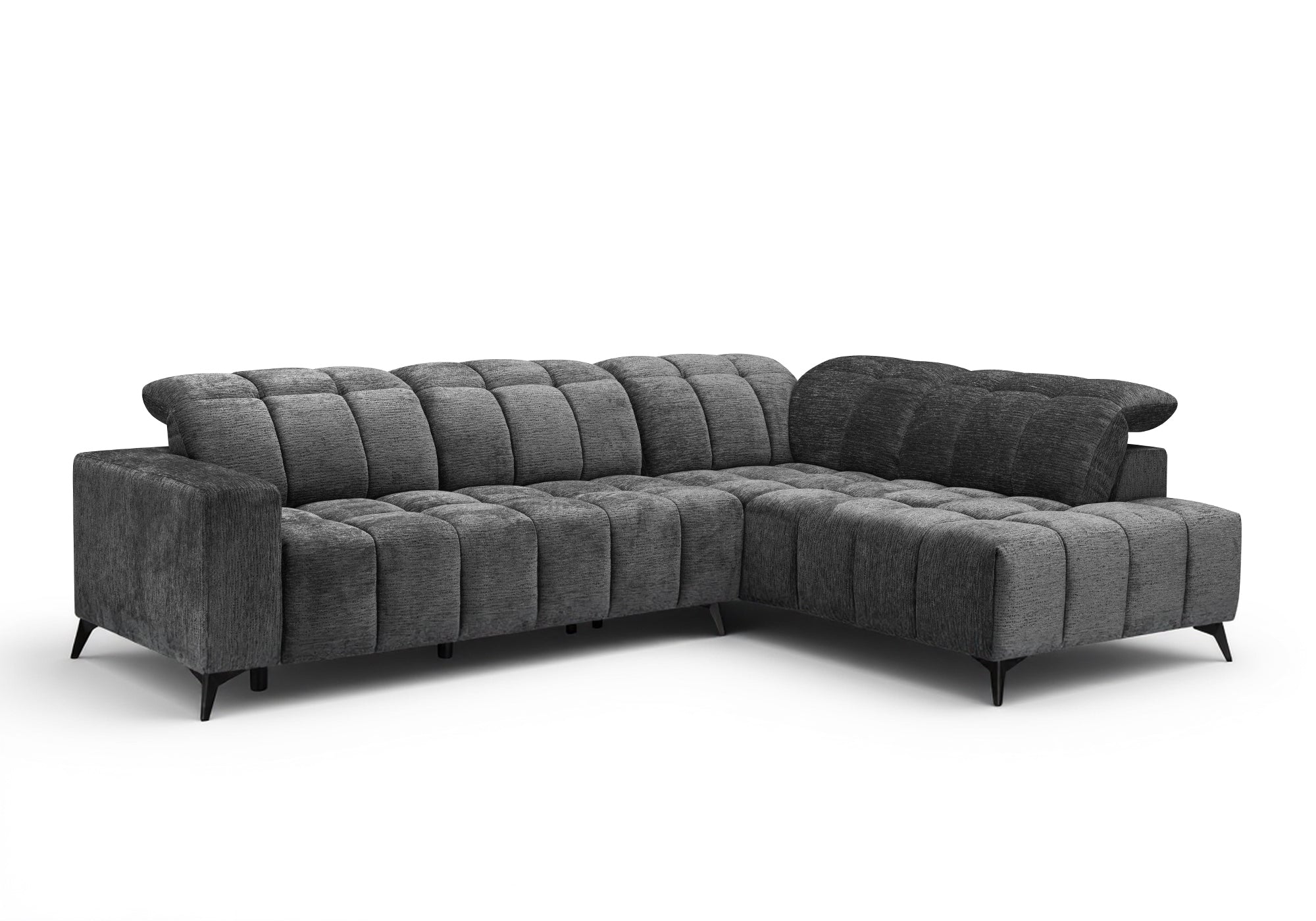 ALVAR Ecksofa mit elektrischer Liegefunktion aus grau meliertem Samt – rechtwinklig