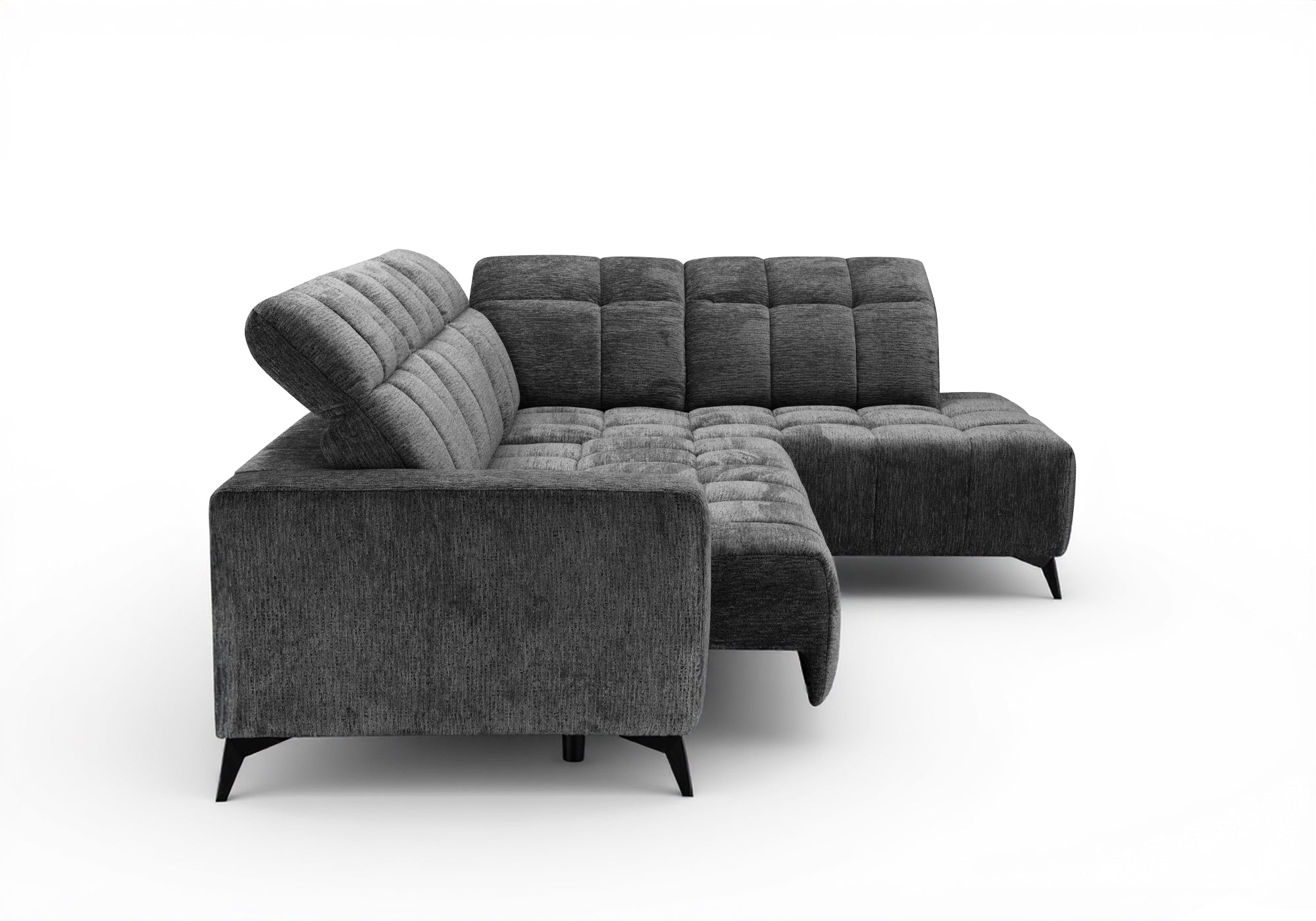 ALVAR Ecksofa mit elektrischer Liegefunktion aus grau meliertem Samt – rechtwinklig