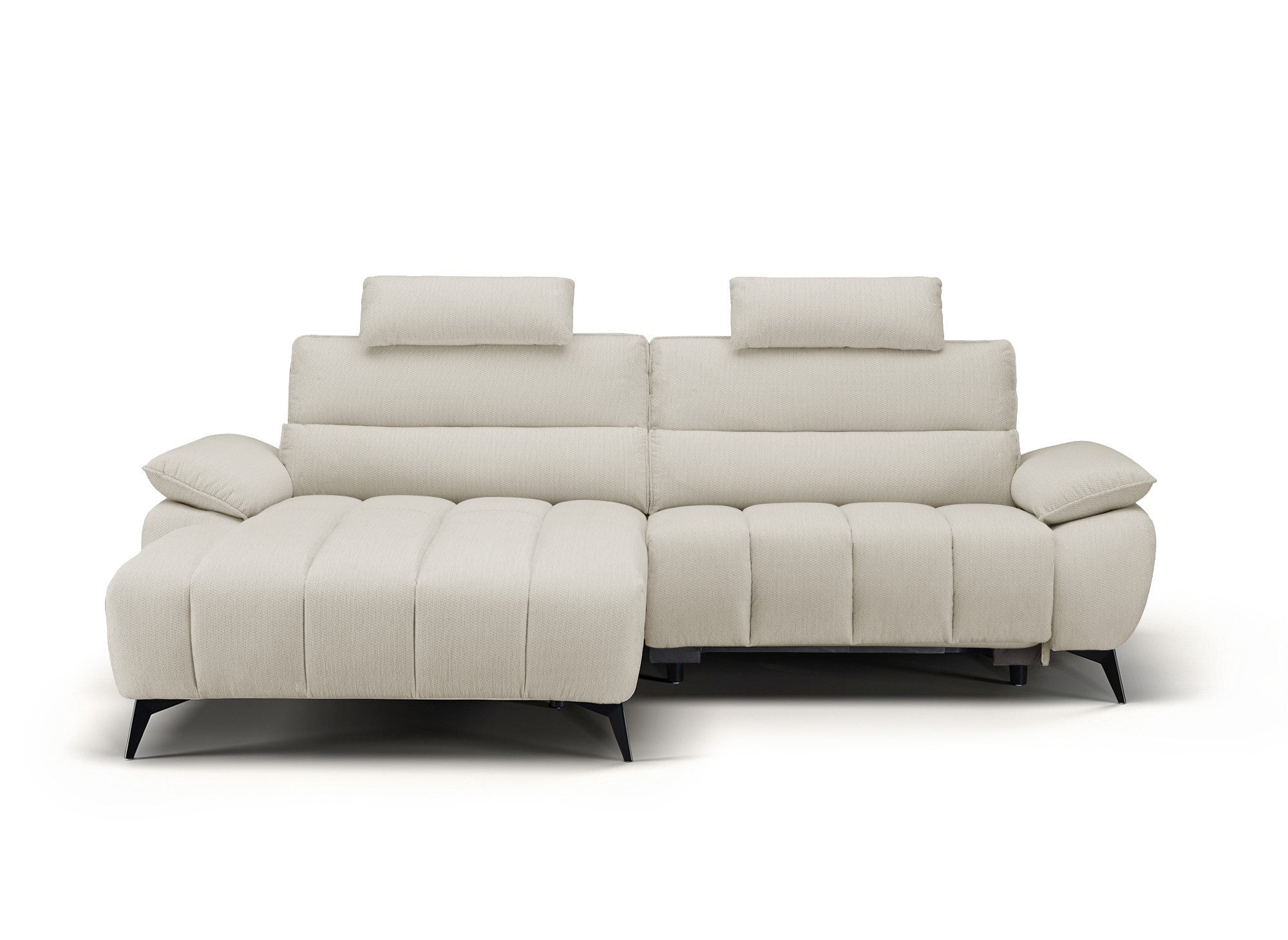 LYANA elektrisches Ecksofa mit Relaxfunktion in beigefarbenem, meliertem Samt – linke Ecke