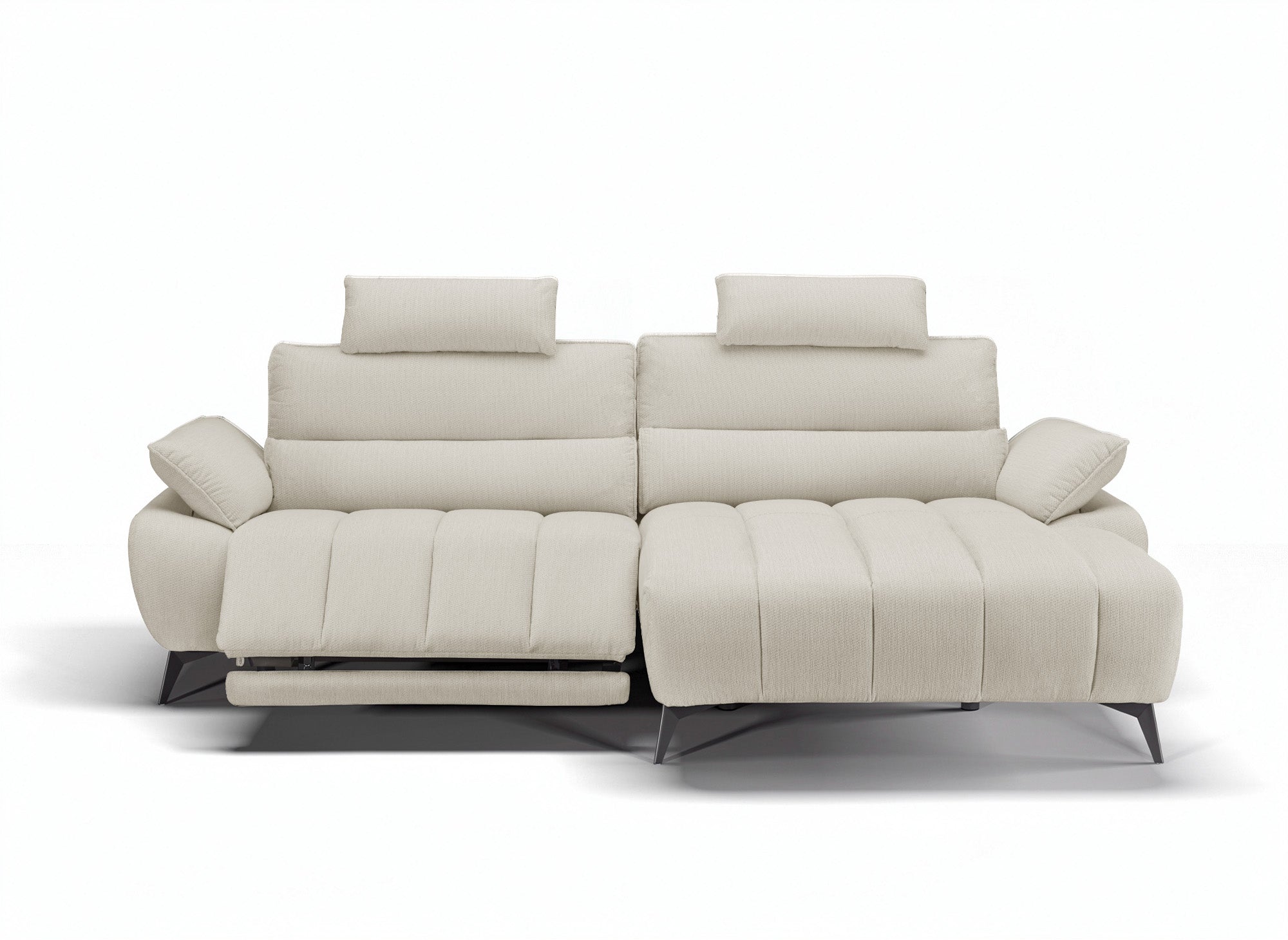 LYANA elektrisches Ecksofa mit Relaxfunktion in beigefarbenem, meliertem Samt – rechte Ecke