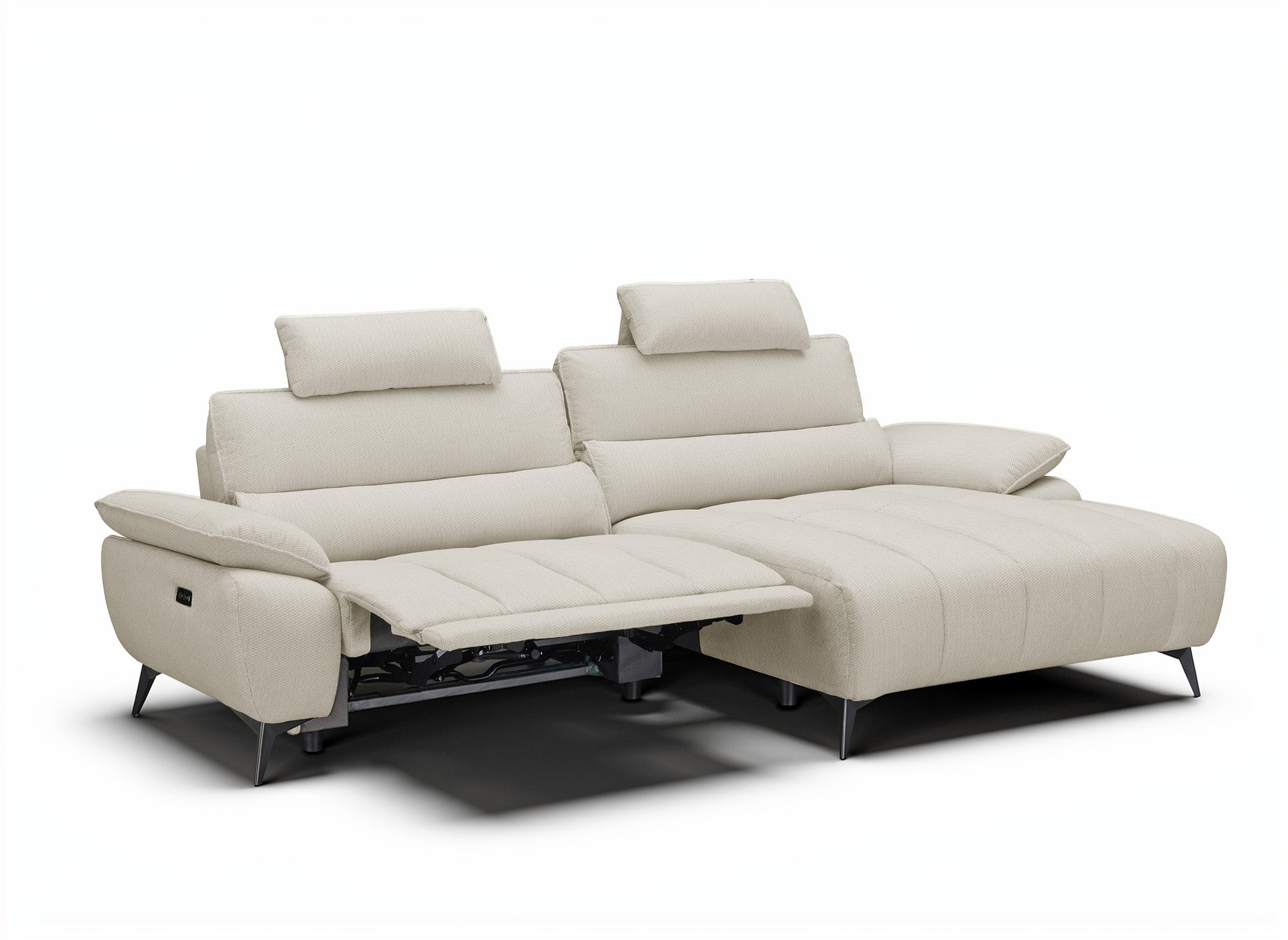 LYANA elektrisches Ecksofa mit Relaxfunktion in beigefarbenem, meliertem Samt – rechte Ecke