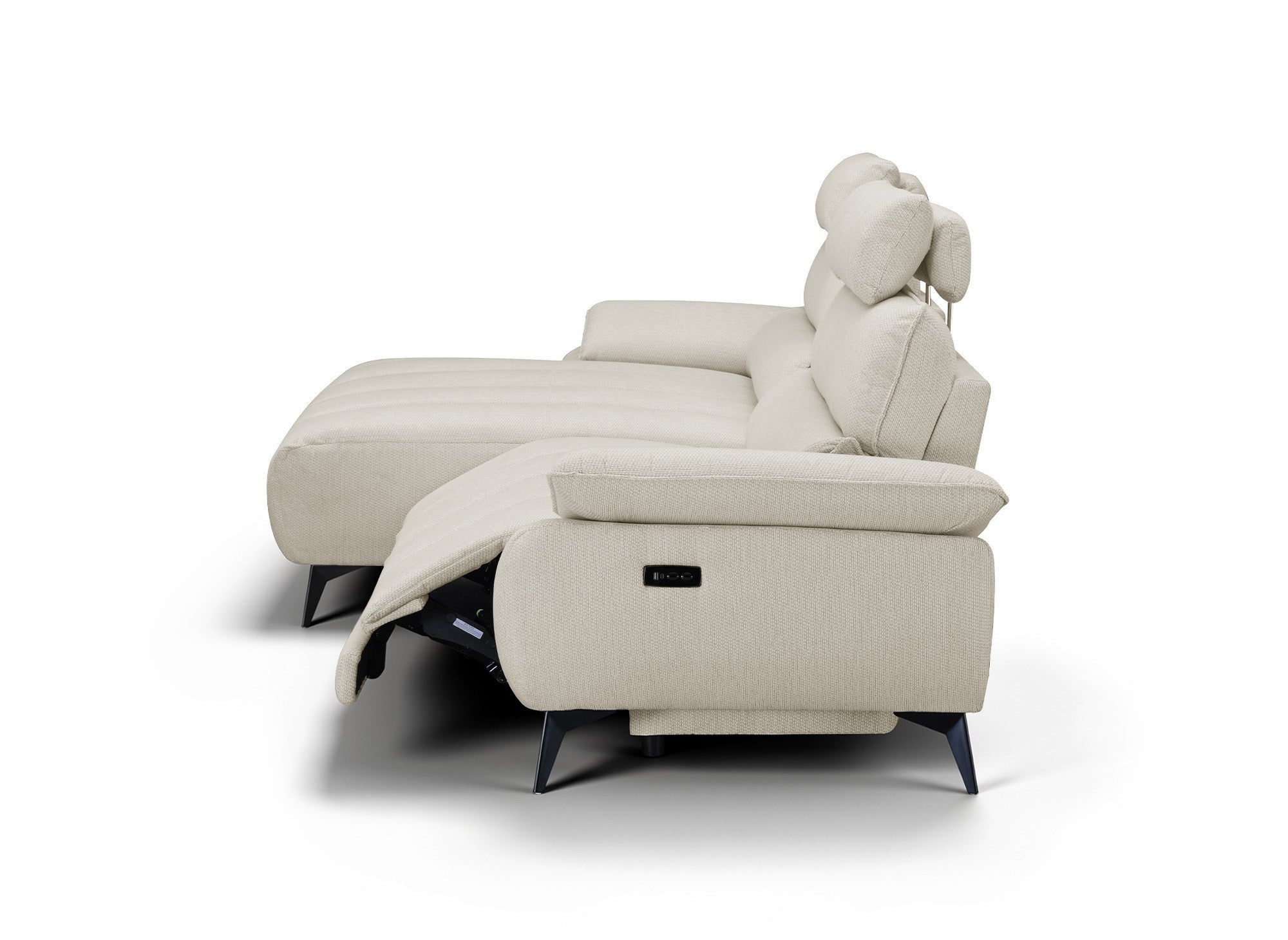 LYANA elektrisches Ecksofa mit Relaxfunktion in beigefarbenem, meliertem Samt – linke Ecke